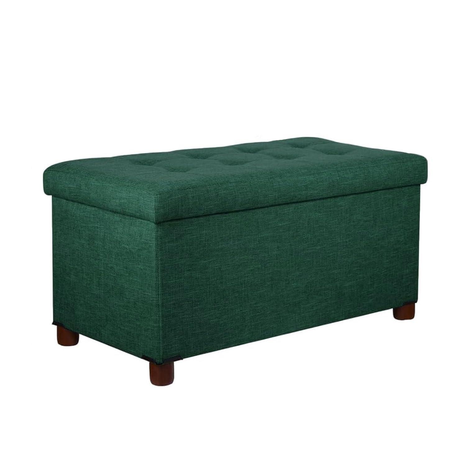 30 Inches Storage Ottoman Bench, Storage Bench with Wooden Legs for Living Room Ottoman Foot Rest Removeable Lid for Bedroom End of Bed, Linen Fabric Green Color