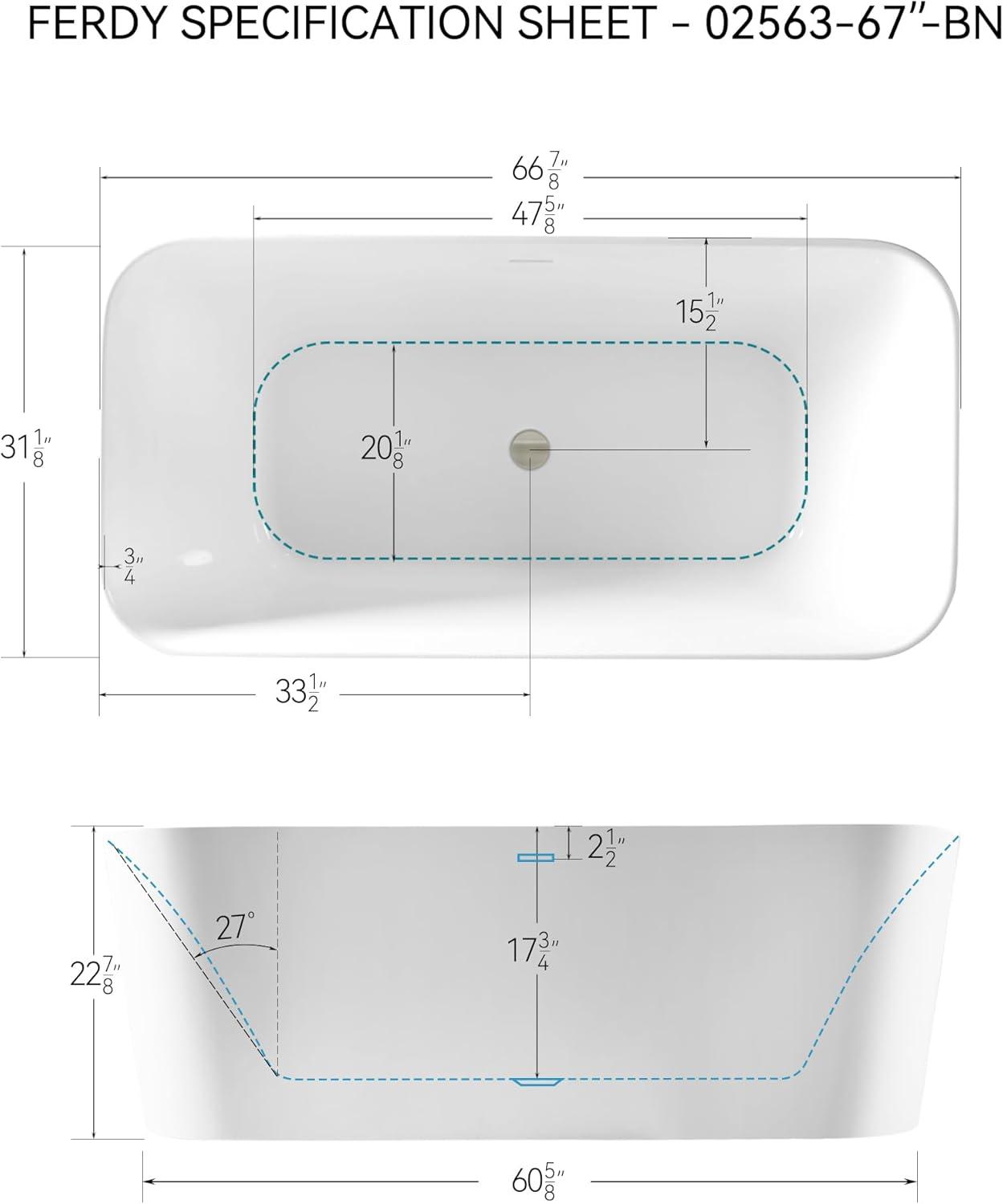 FerdY Maui 67" Acrylic Freestanding Bathtub,Soaking Tub With Brushed Nickel Drain