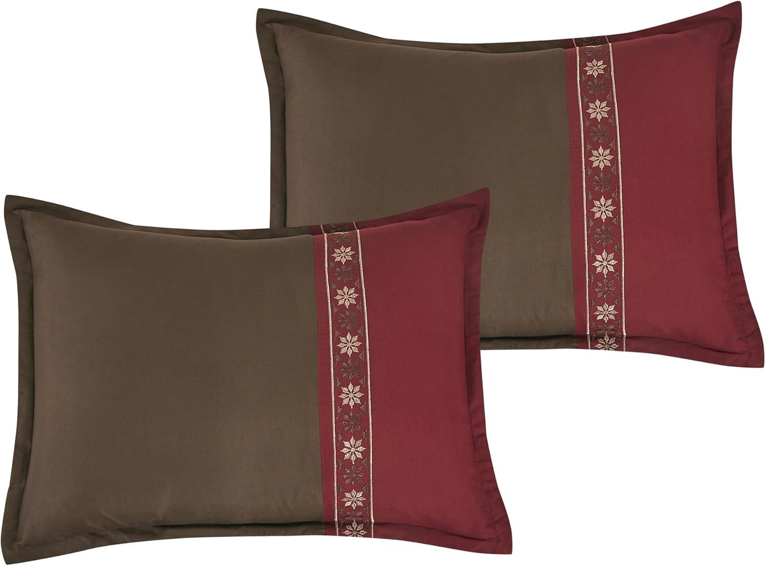 King Size 7 Piece Burgundy Brown Embroidery Soft Bedding Comforter Set