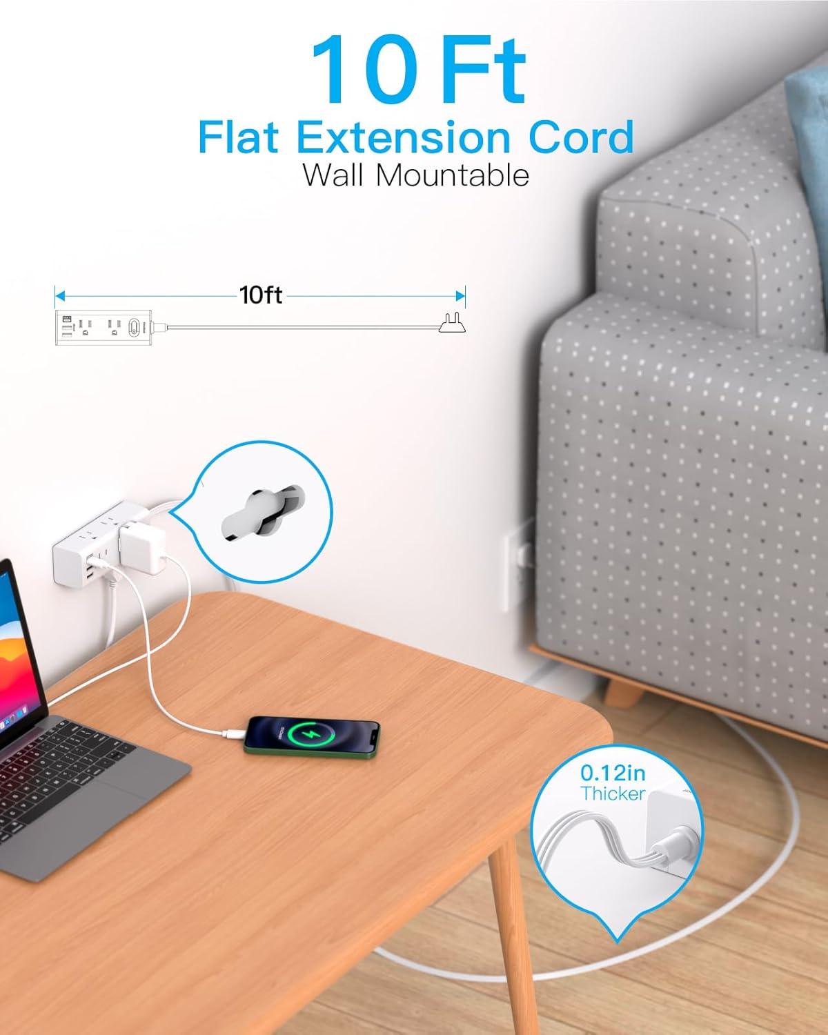 10Ft Extension Cord with Multiple Outlets, Flat Plug Power Strip Surge Protector with 10 Ft Long Cord, 6 Outlet 3 USB Ports (1 USB C), Multi Outlet Wall Plug for Travel, College, Dorm Room Essentials