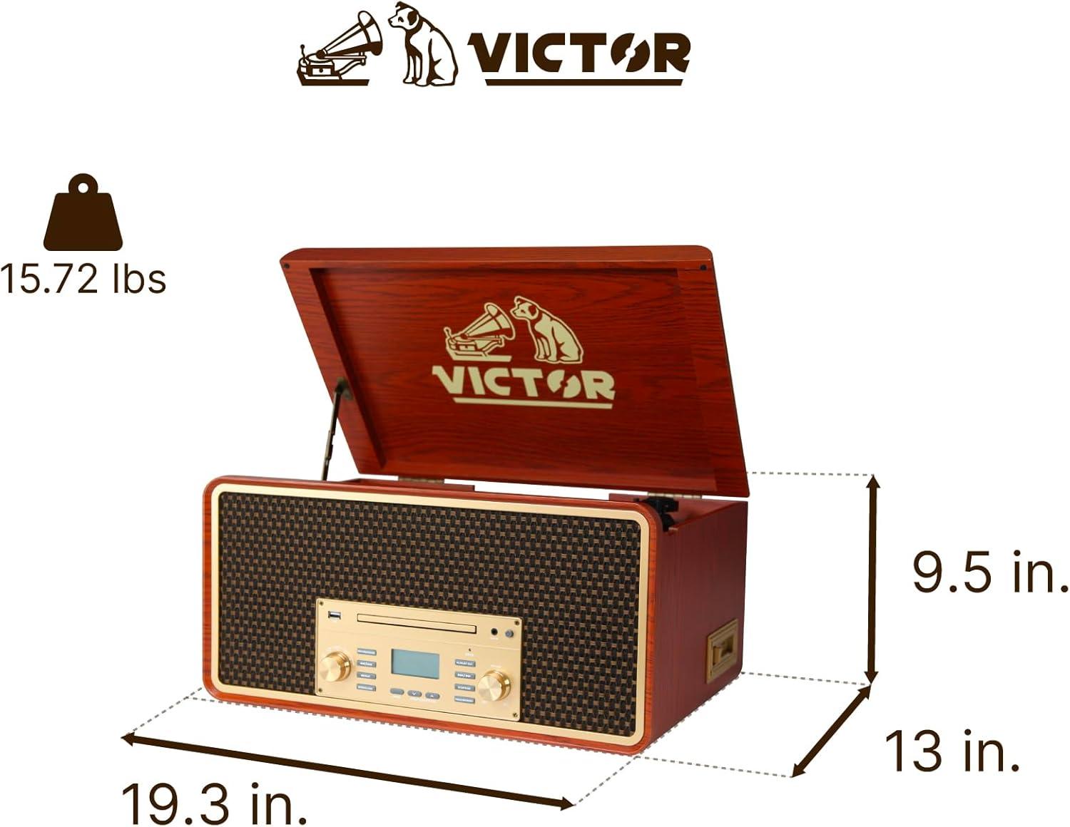 Victor 8-in-1 Wood Music Center with Bluetooth Vinyl Record Player