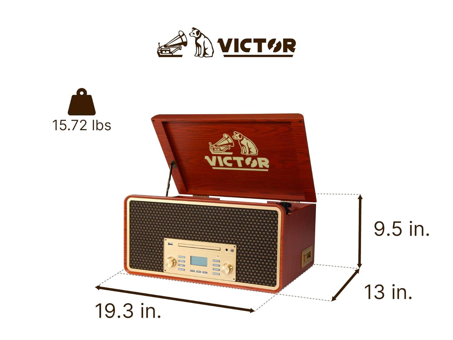 Victor 8-in-1 Wood Music Center with Bluetooth Vinyl Record Player