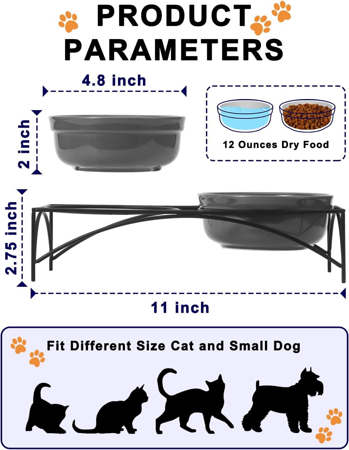Y YHY Dog&Cat Food Bowls,12OZ Ceramic Raised Pet Bowls for Food and Water, Two Elevated Pet Dishes Bowls 2.75” Height Sturdy Metal Stand, Grey