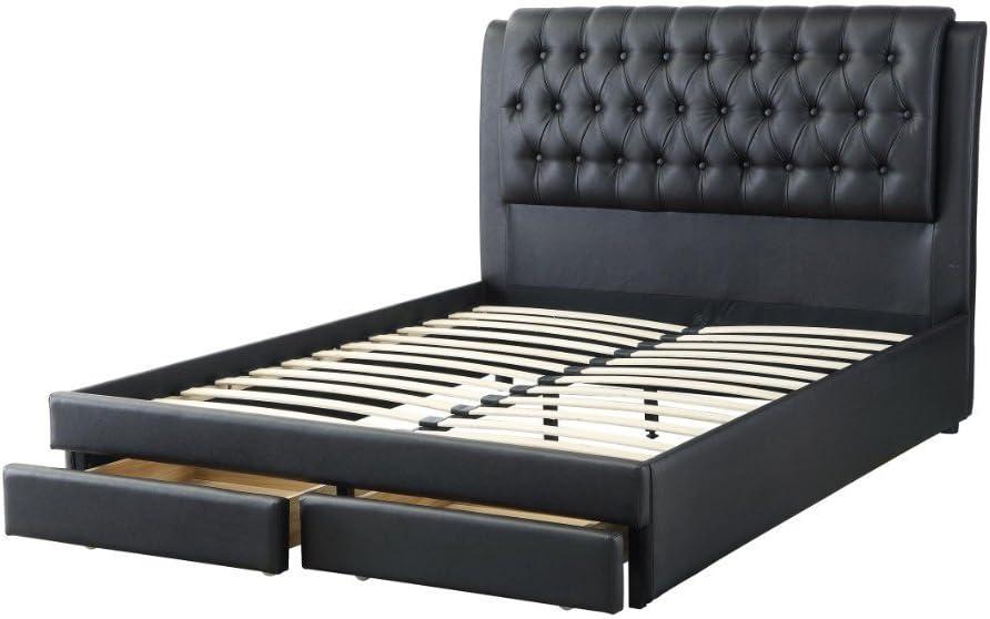 Stylish Modern Black Faux Leather Eastern King Size Bed 1p Bedframe Master Bedroom Furniture Storage Footboard Tufted Headboard