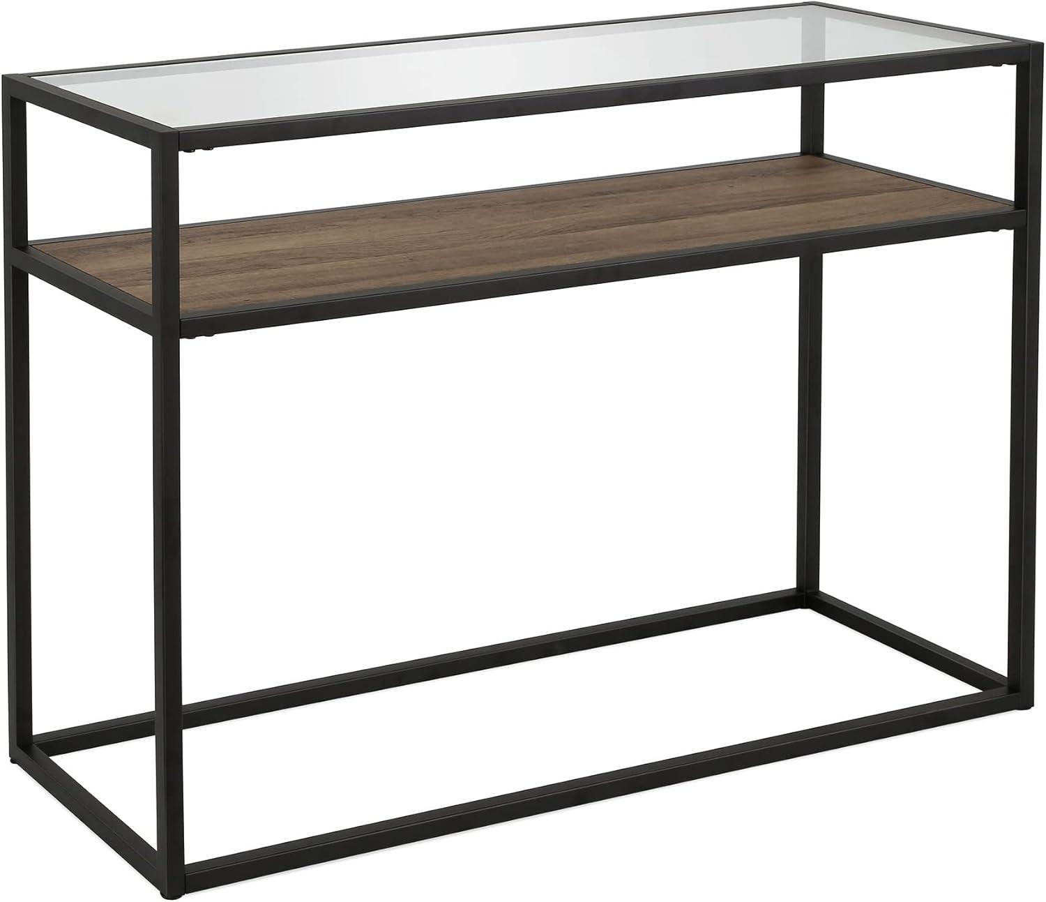 Addison Blackened Bronze 42" Glass Top Console Table with Oak Shelf