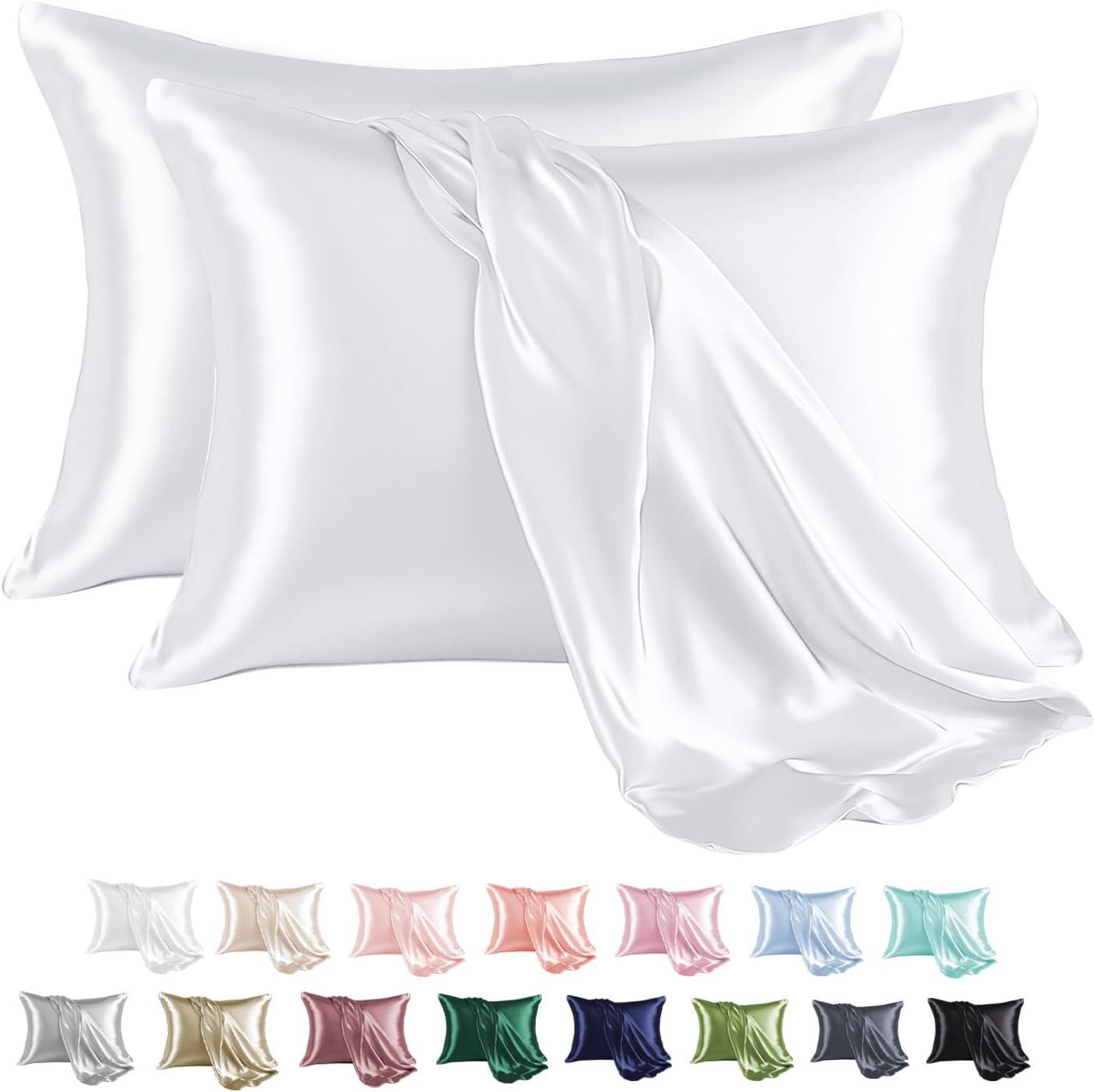 ANMINY Satin Pillowcase Set of 2 Standard Silk Bedding Pillowcases 26" x 20" Pillow Cover, White