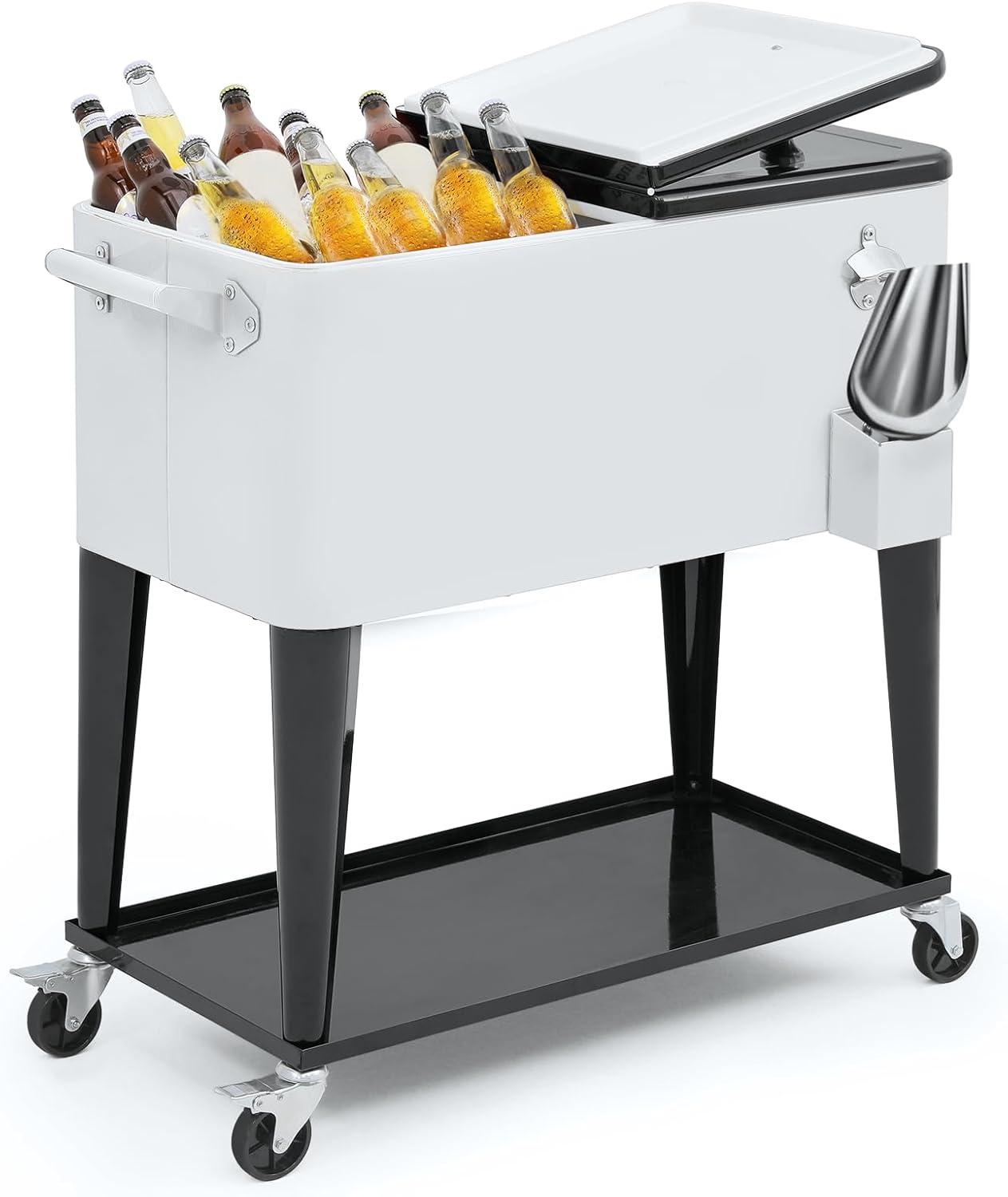 MADOG Portable Rolling Cooler Cart 80 Quart, Ice Chest Cart Trolley on Wheels Outdoor Beverage Cooler Ice Chest with Ice Scoop, Catch Tray, Drain Plug and Bottle Opener, White