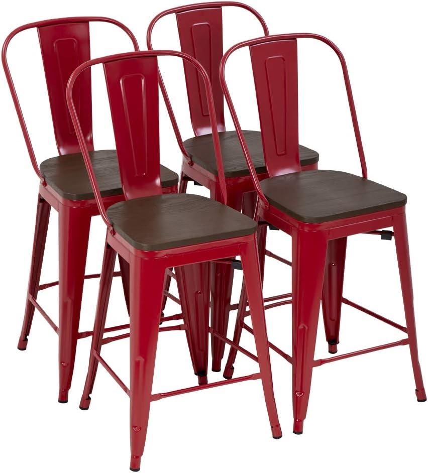 YRLLENSDAN Modern Bar Stool Set of 4 Counter Height Barstool with Back 24 Inches Seat Height Industrial Bar Chairs Indoor Outdoor Metal Kitchen Stools Restaurant Patio Stool Stackable, Bronze
