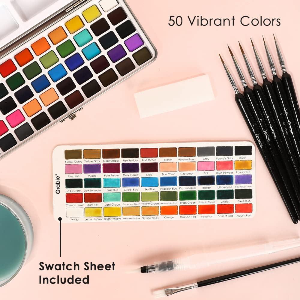 Grabie Watercolor Paint Set, 50 Colors, Detail Paint Brush Included, Art Supplies for Painting, Great Watercolor Set for Artists, Amateur Hobbyists and Painting Lovers