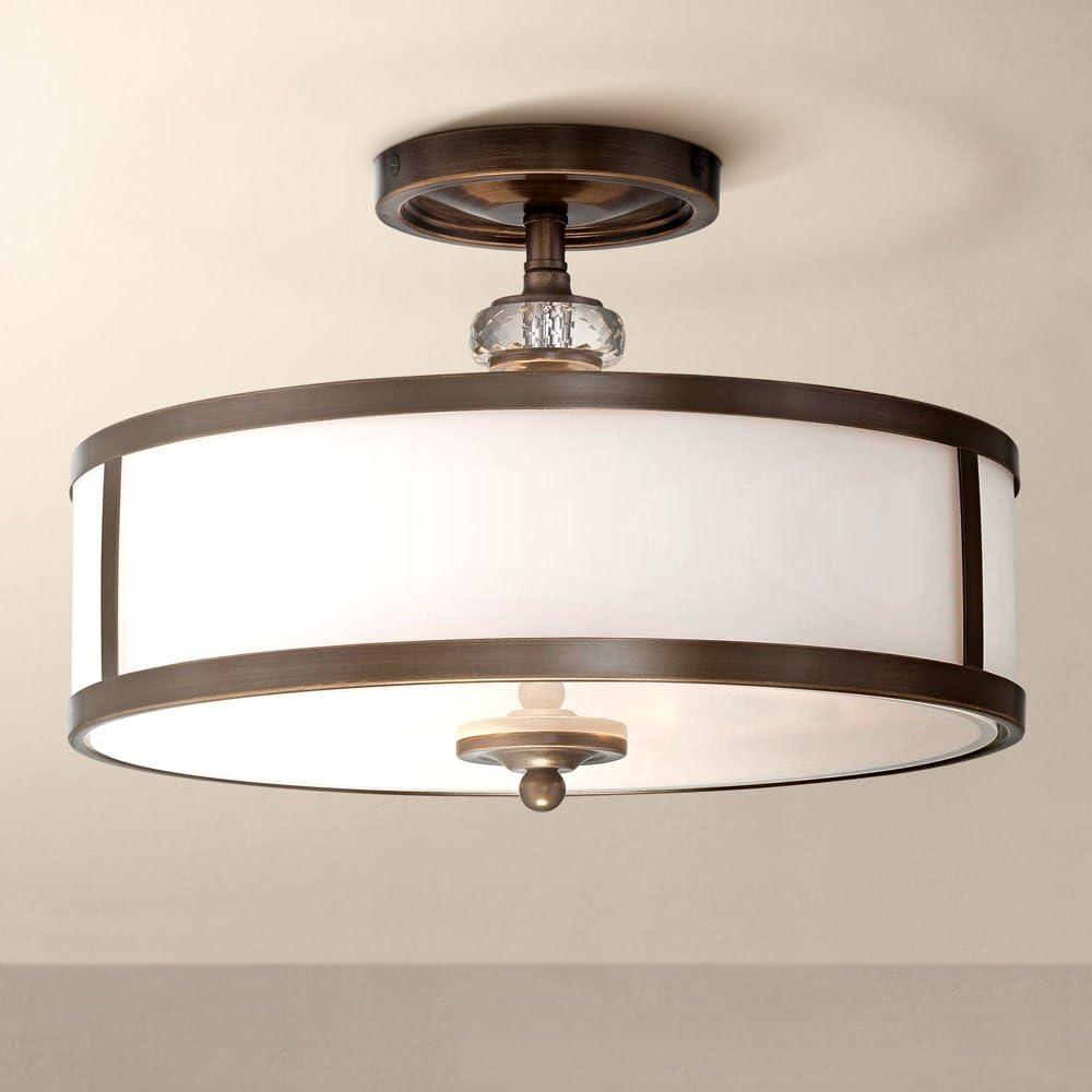 Thorndale Etched White Glass Drum Semi-Flush Mount in Dark Noble Bronze