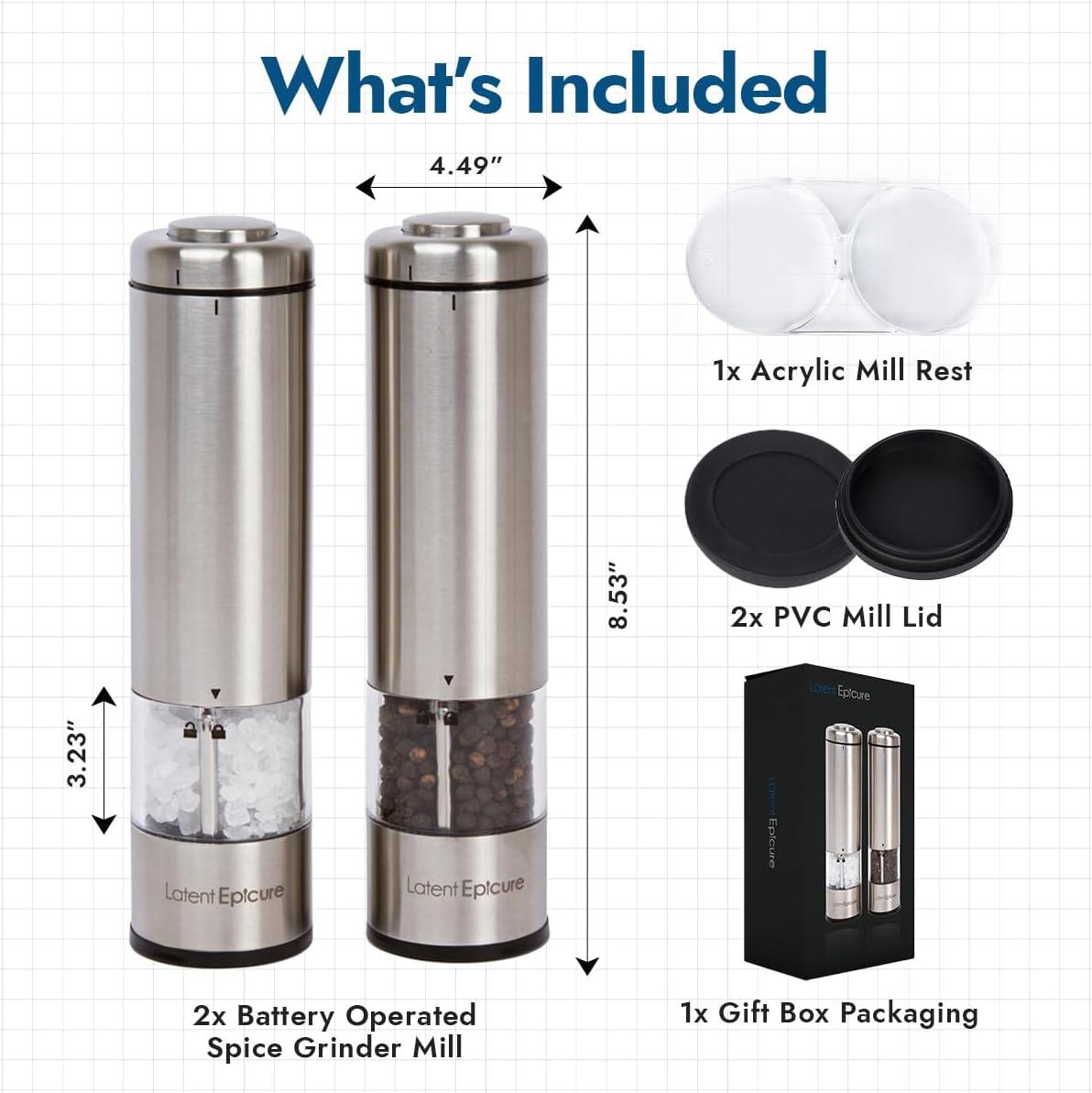 Electric Salt and Pepper Grinder Set - Battery Operated, Stainless Steel Shakers with Adjustable Fine & Coarseness, One Handed Operation, LED Light & Complimentary Mill Rest Tray