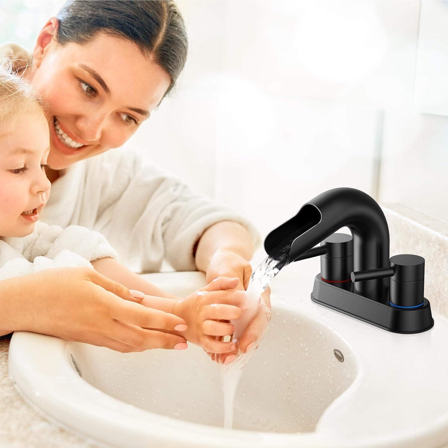 Qomolangma Waterfall Bathroom Faucets 2 or 3 Holes 2 Handles - Black Bathroom Sink Faucets Widespread with Pop Up Drain, Lavatory Mixer Tap with Deck Mount Plate for Bathroom Sink RV Vessel Basin