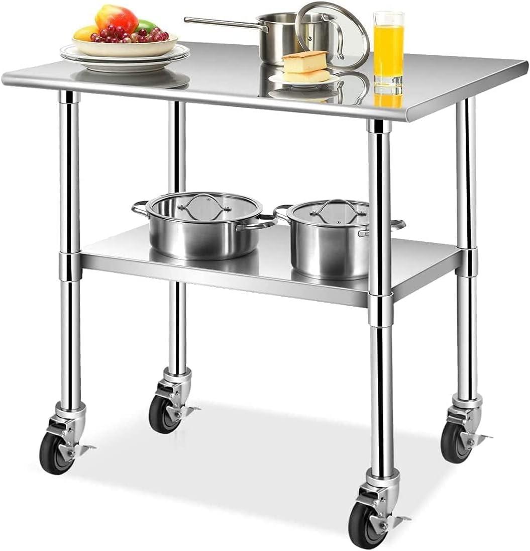 4 inch Prep Table Casters Set of 4 for Commercial Kitchen Prep Tables, Expanding Stem Caster Wheels for Table Legs All with Brake Fit 1-1/2" and 1-5/8" Inner Diameter Leg Tube Adapter Caster