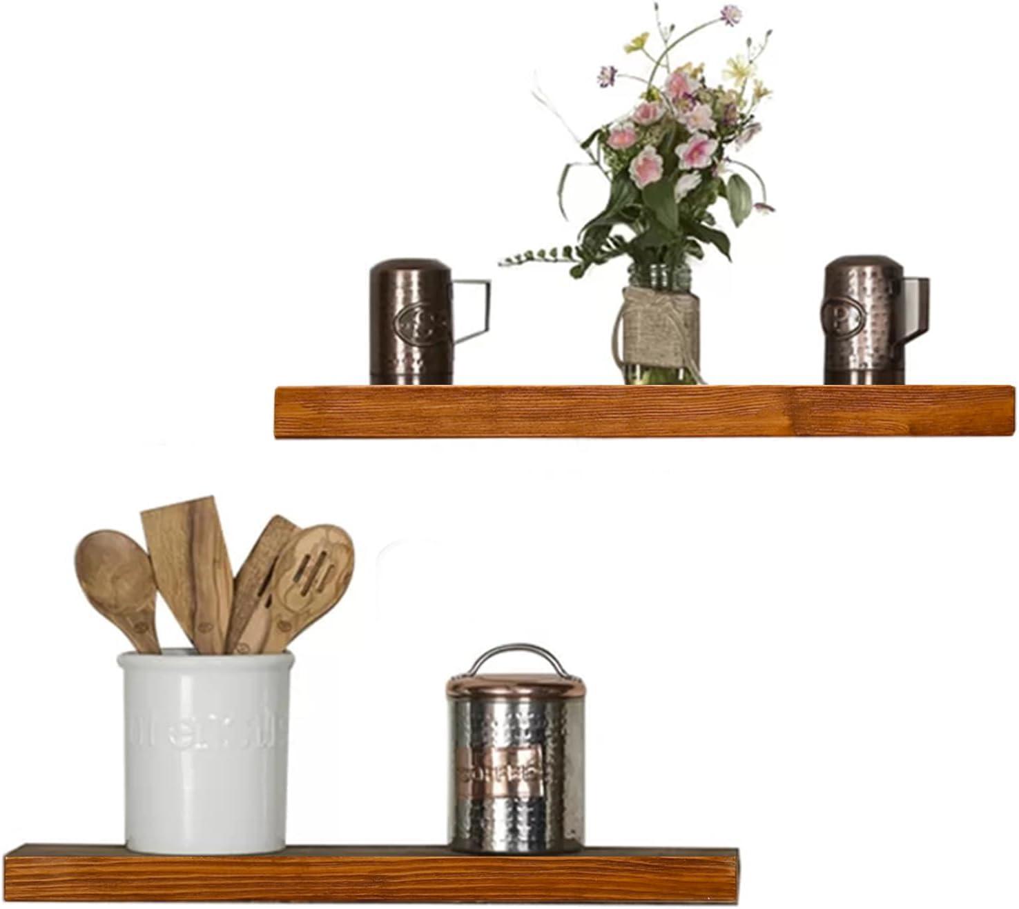 WELLAND Bradley Handmade Wood Floating Shelves Rustic Wall-Mounted Shelves, Set of 2, Walnut Finish
