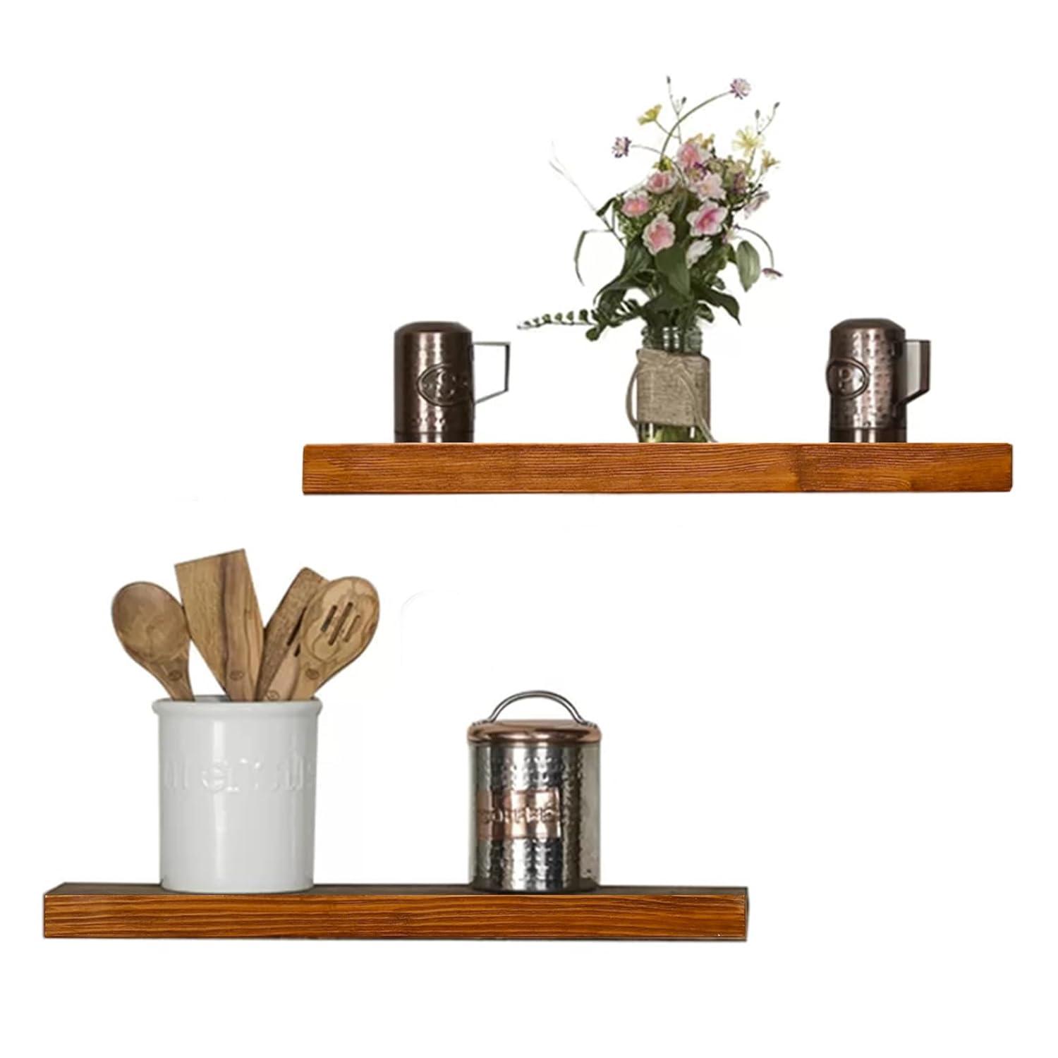 WELLAND Bradley Handmade Wood Floating Shelves Rustic Wall-Mounted Shelves, Set of 2, Walnut Finish