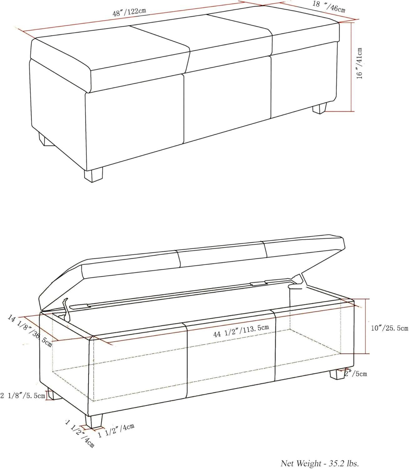 Simpli Home Avalon 48"W Upholstered Storage Ottoman Bench with Large Interior Storage