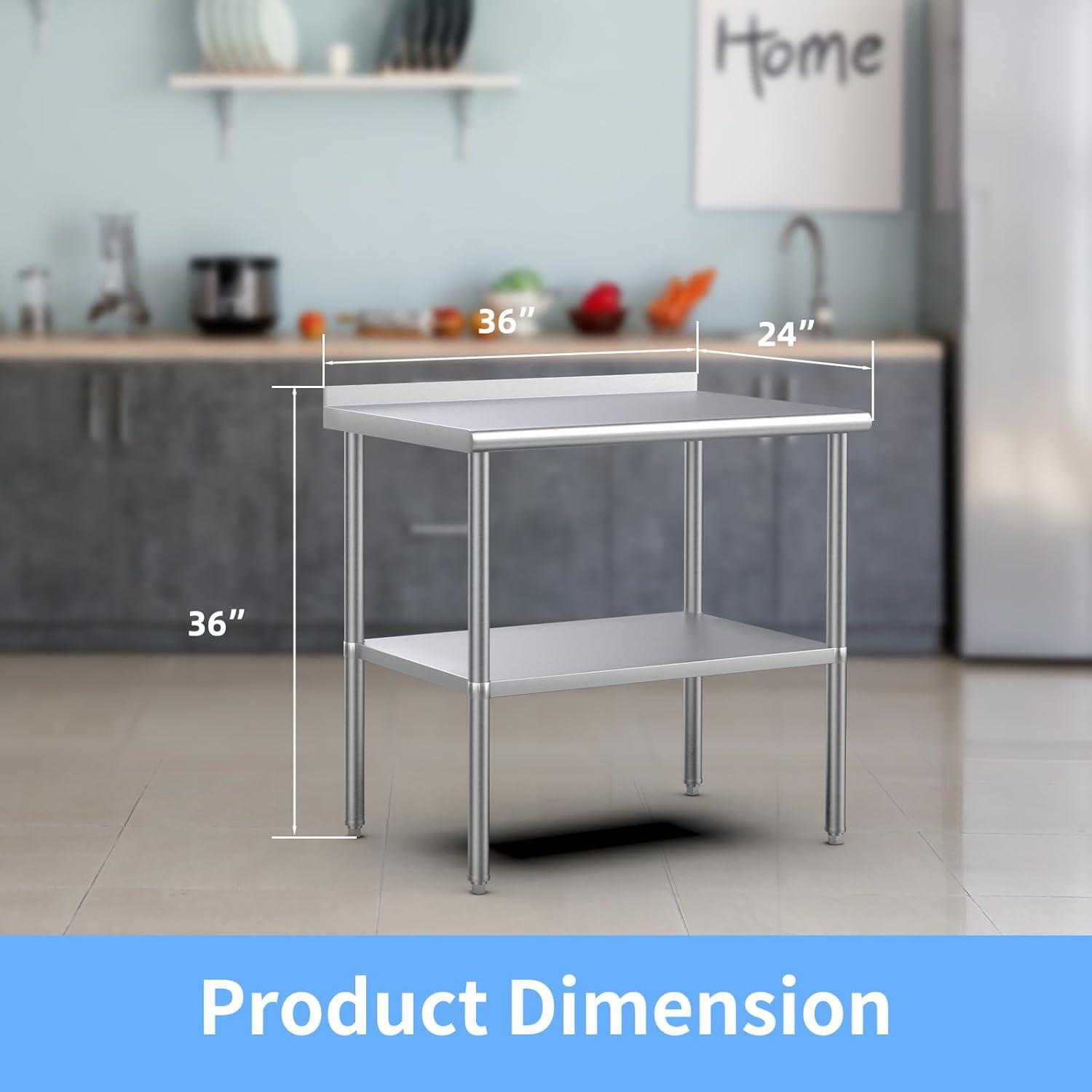 ROVSUN 36'' x 24'' Stainless Steel Table with Backsplash, Pre Work Table Metal Table for Kitchen Restaurant Home