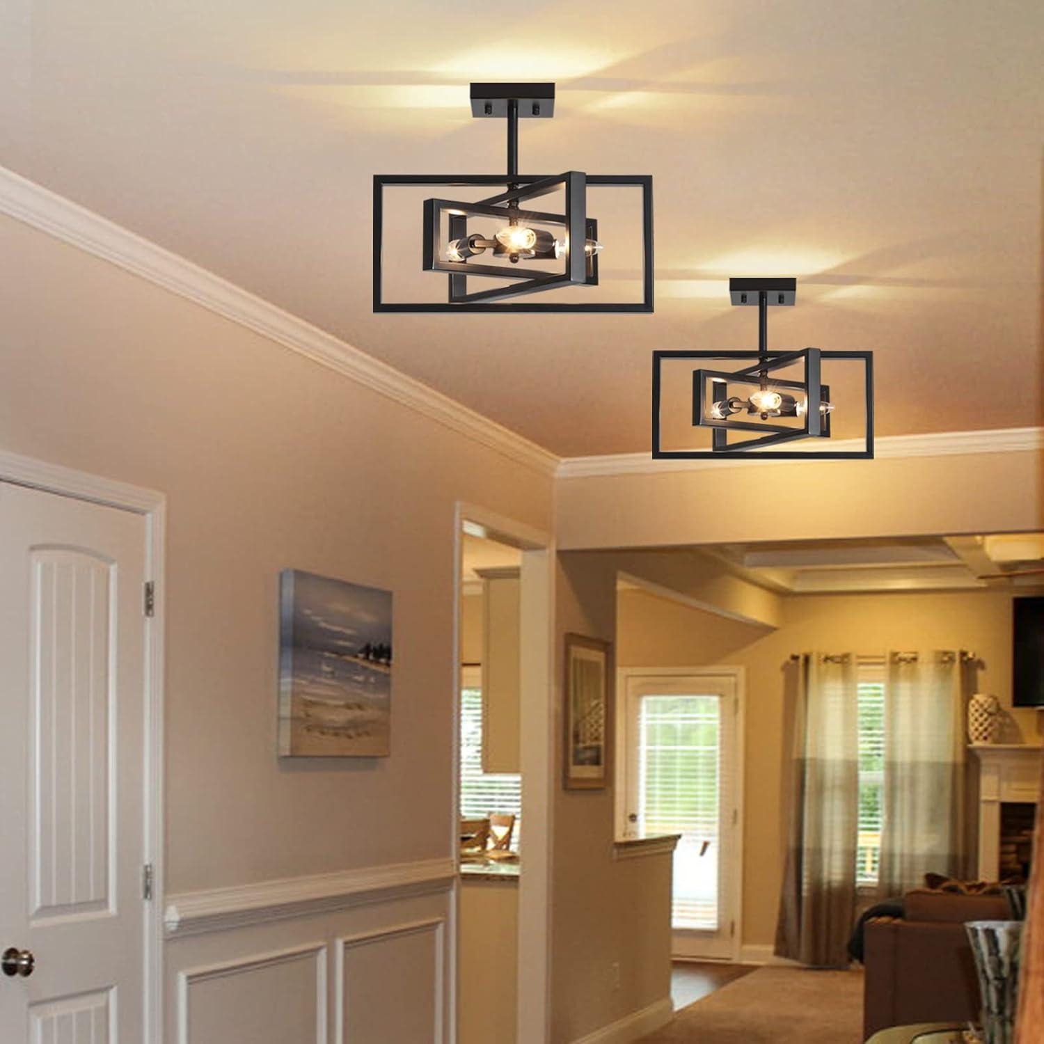 Black Semi Flush Mount Ceiling Light Fixture, 3-Light Modern Farmhouse Ceiling Light, Industrial Metal Chandelier Ceiling Lamp for Kitchen Entryway Bedroom Foyer Hallway, E26 Socket