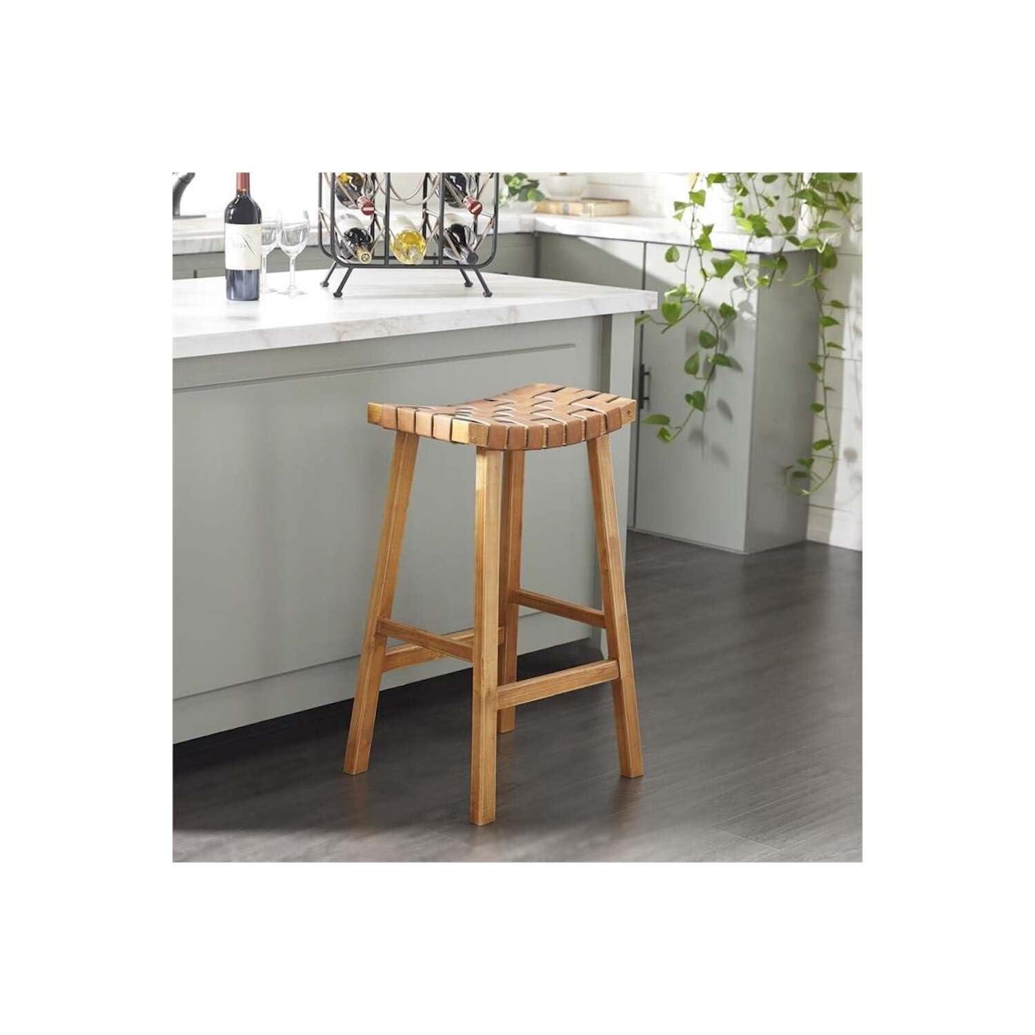 Urban Designs 30-inch Woven Leather And Birch Wood Bar Stool