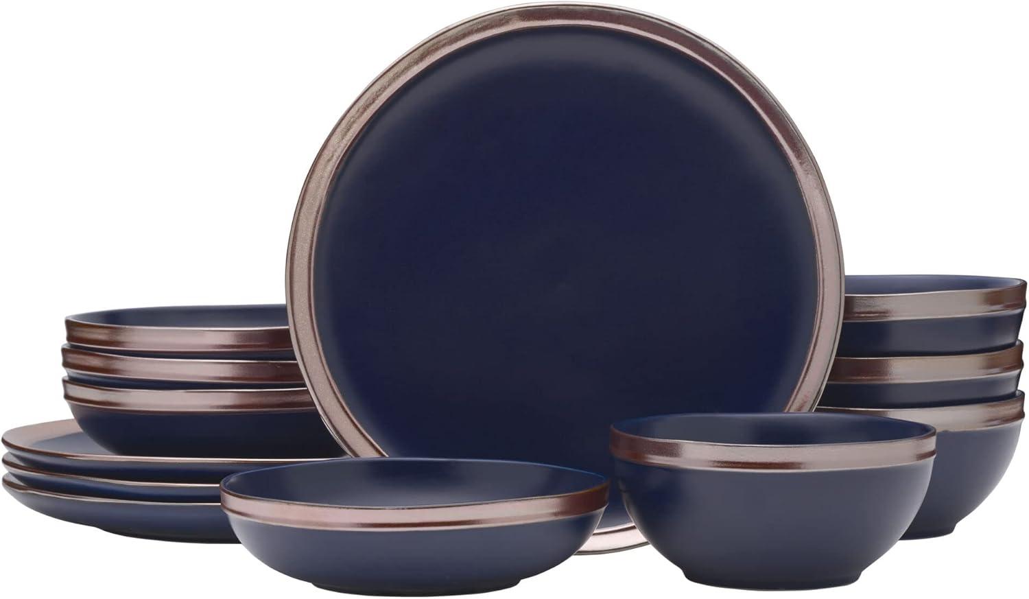 Blue Ceramic Dinnerware Set with Rose Gold Banding, Service for 4