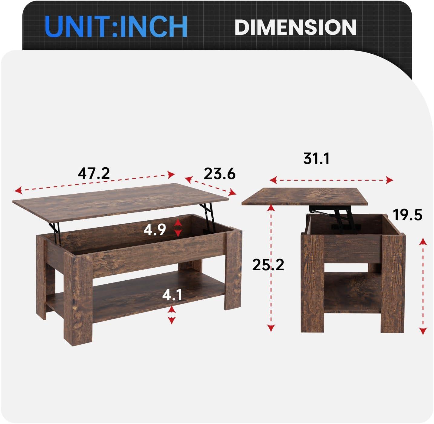 FDW Coffee Table Lift Top Coffee Tables with Hidden Compartment and Storage Shelf Wooden Lift Tabletop Dining Table for Living Room Home