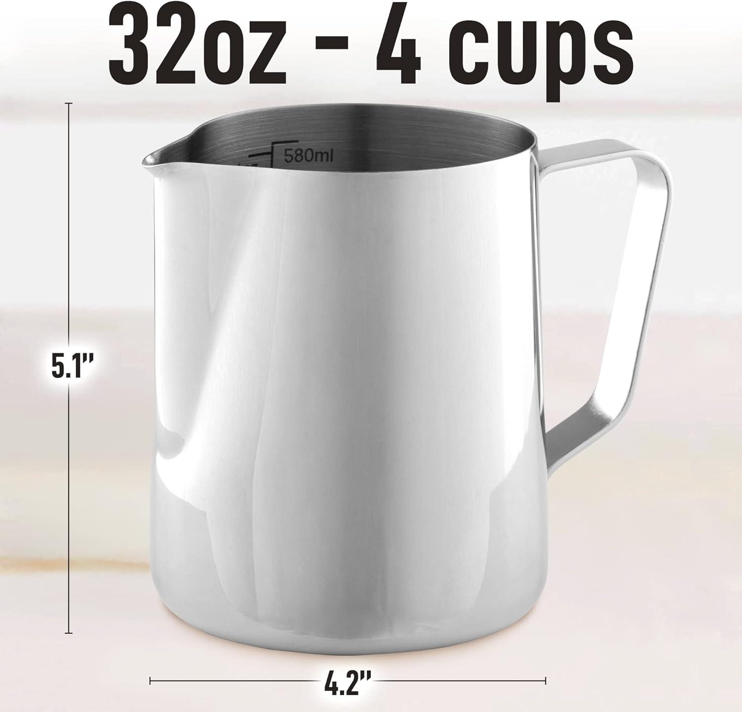 Zulay Kitchen Milk Frothing Pitcher Milk Frother Silver Steamer Cup - 32 oz 3 to 4 cups