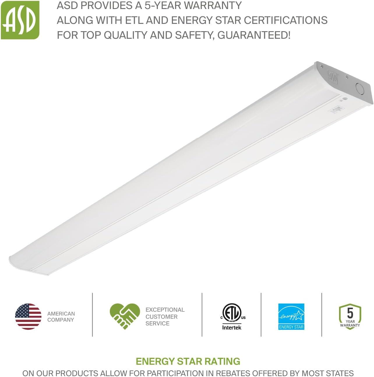 ASD LED Under Cabinet Lighting, 48 inch 24W 1758 LM, Dimmable Hardwired Under Cabinet Lights for Kitchen, 3000K Soft/4000K Cool/5000K Daylight, Under Counter Light Fixtures, ETL Energy Star White