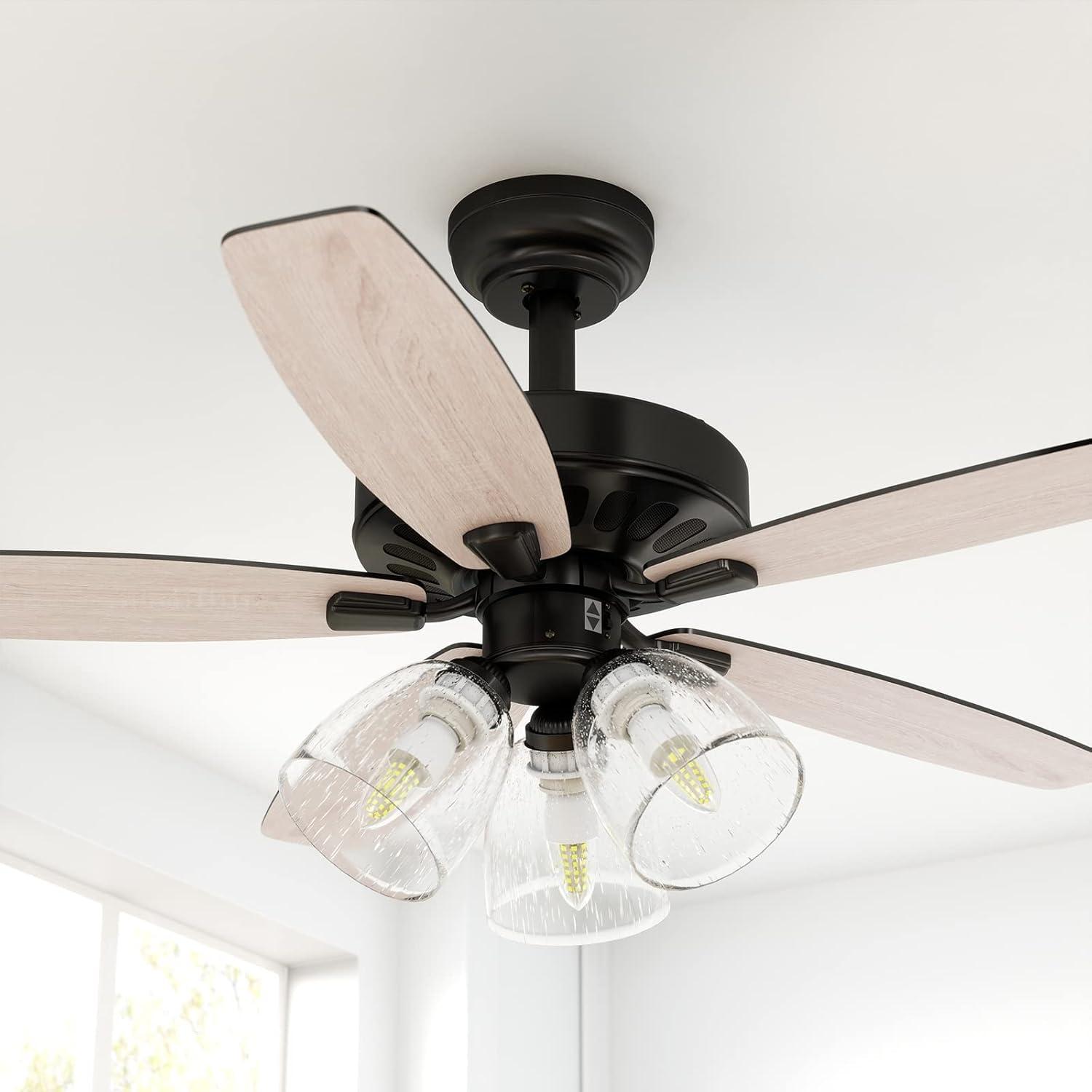 52'' Oak and Black Ceiling Fan with Clear Seeded Glass Light