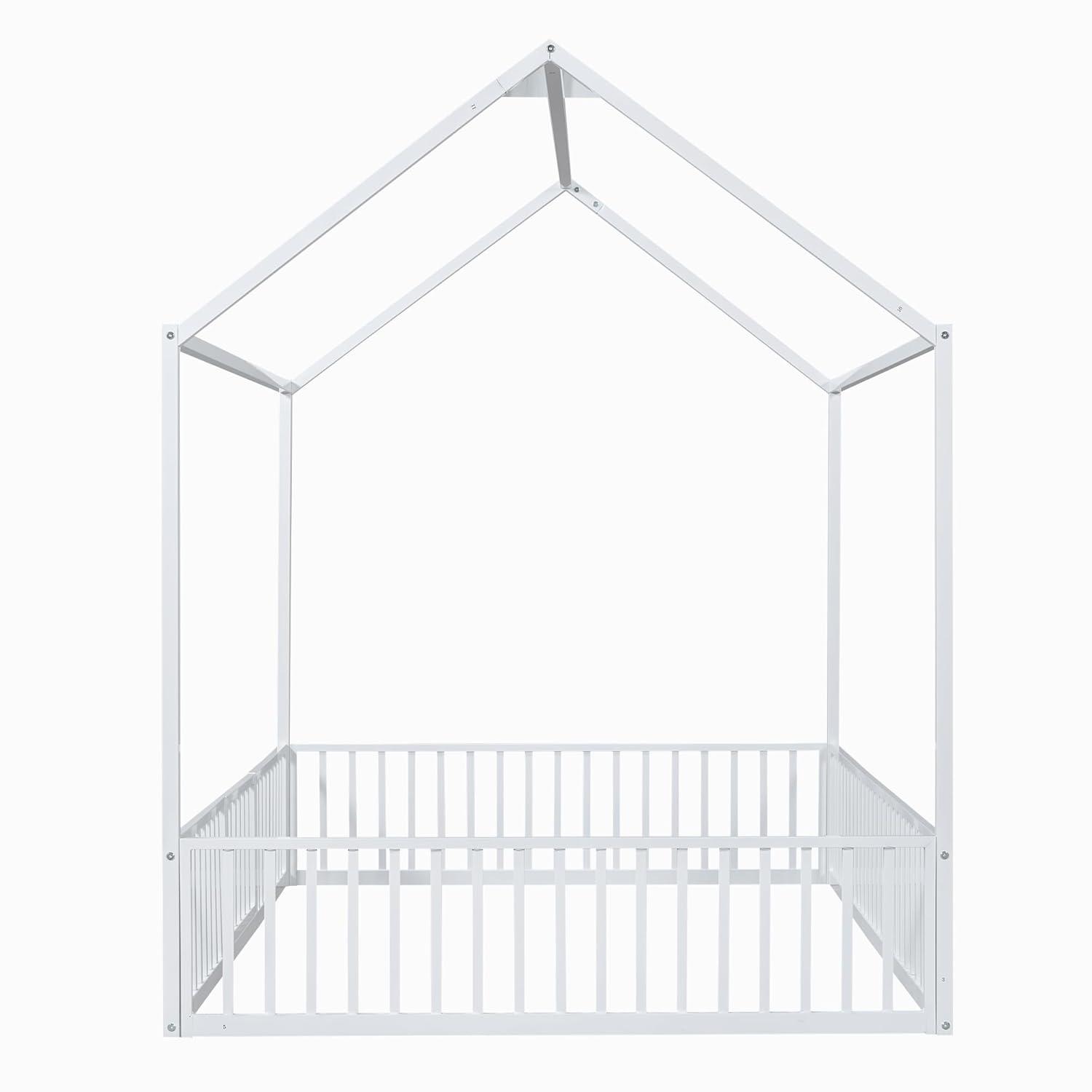 Bellemave Full Size Montessori House Bed for Kids, Metal Floor Beds with Fence Railings & Door, Twin Playhouse Bed for Boys Girls, Box Spring Needed, White