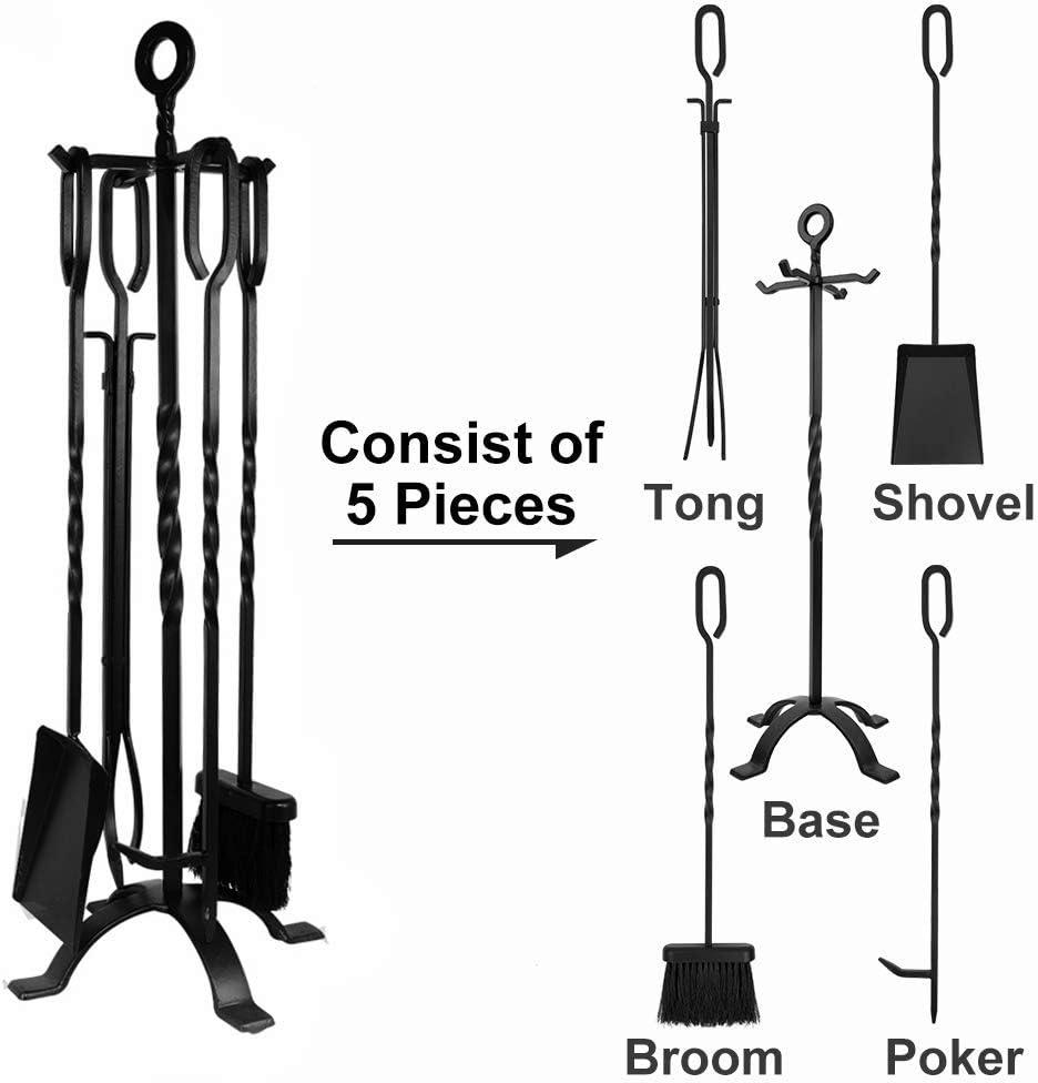 Black Wrought Iron 5-Piece Fireplace Tool Set with Stand