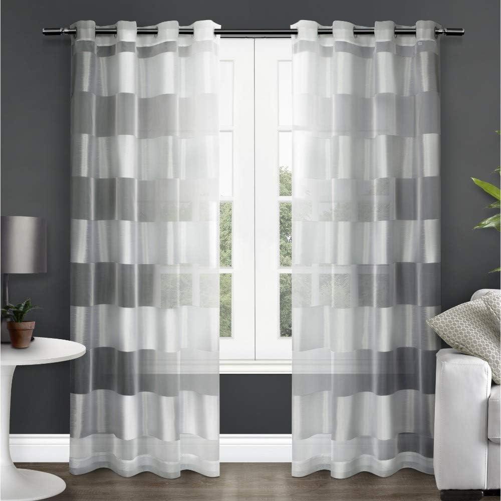 Navaro Striped Sheer Grommet Top Window Curtain Panels in Silver and White