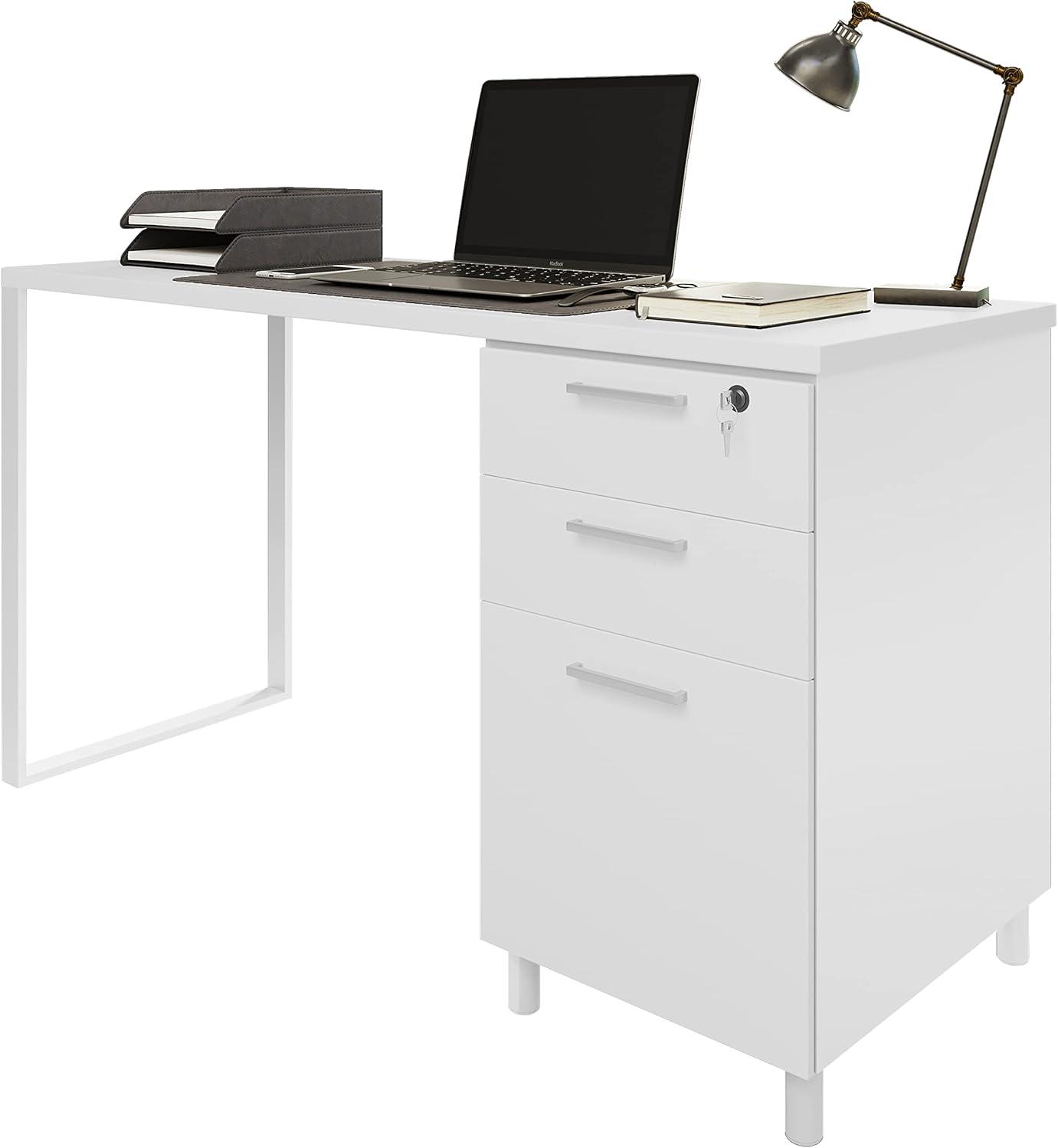 Modern Designs by Crafts and Comfort Milano Modern Home & Office Computer Desk - 47 Inch with 3 Locking Drawers - Wooden Study Writing Desk with Storage Space - White