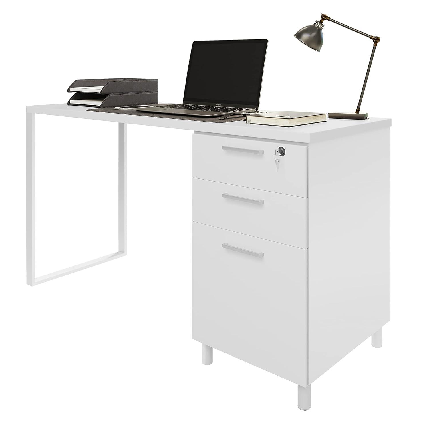 Modern Designs by Crafts and Comfort Milano Modern Home & Office Computer Desk - 47 Inch with 3 Locking Drawers - Wooden Study Writing Desk with Storage Space - White