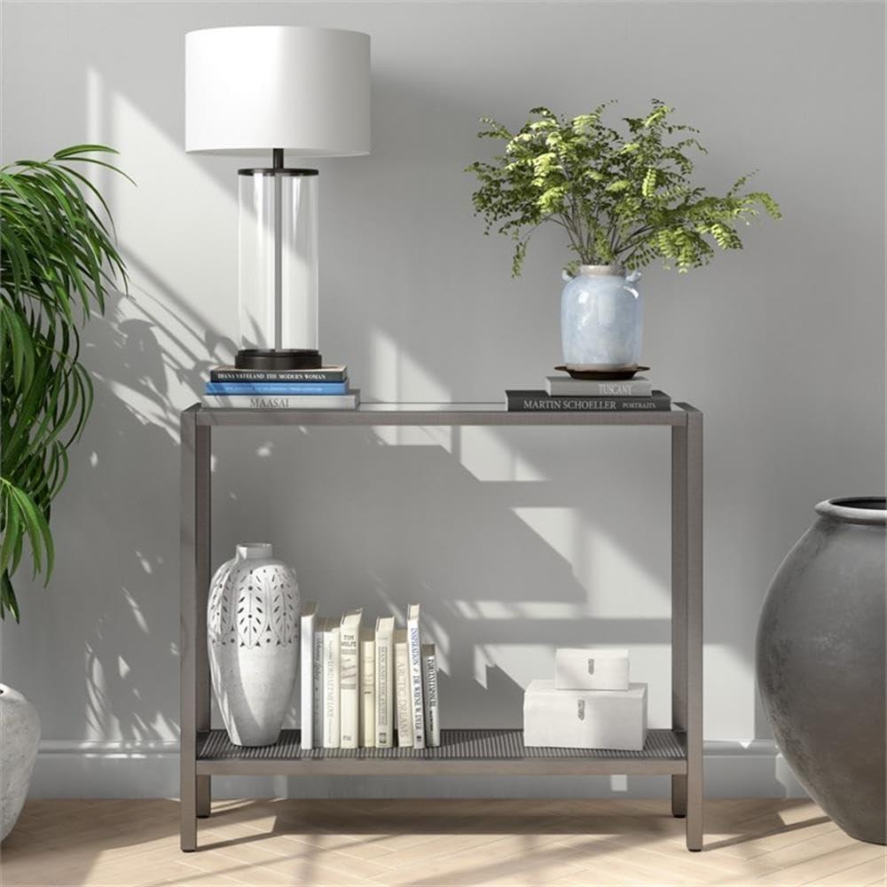 36"Industrial Metal Aged Steel/Console Table with Mesh Metal Shelf - Henn&Hart