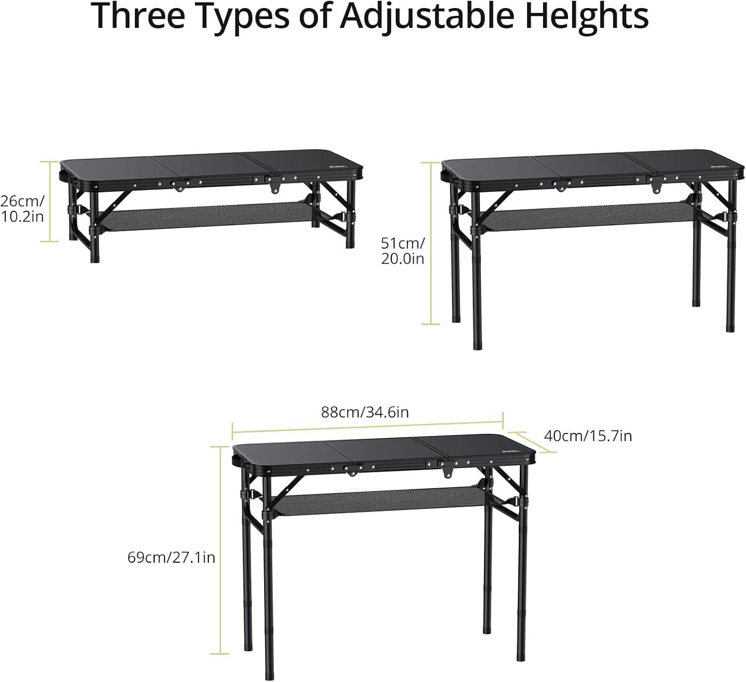 Black Aluminum Folding Camping Table with Adjustable Heights and Storage Net