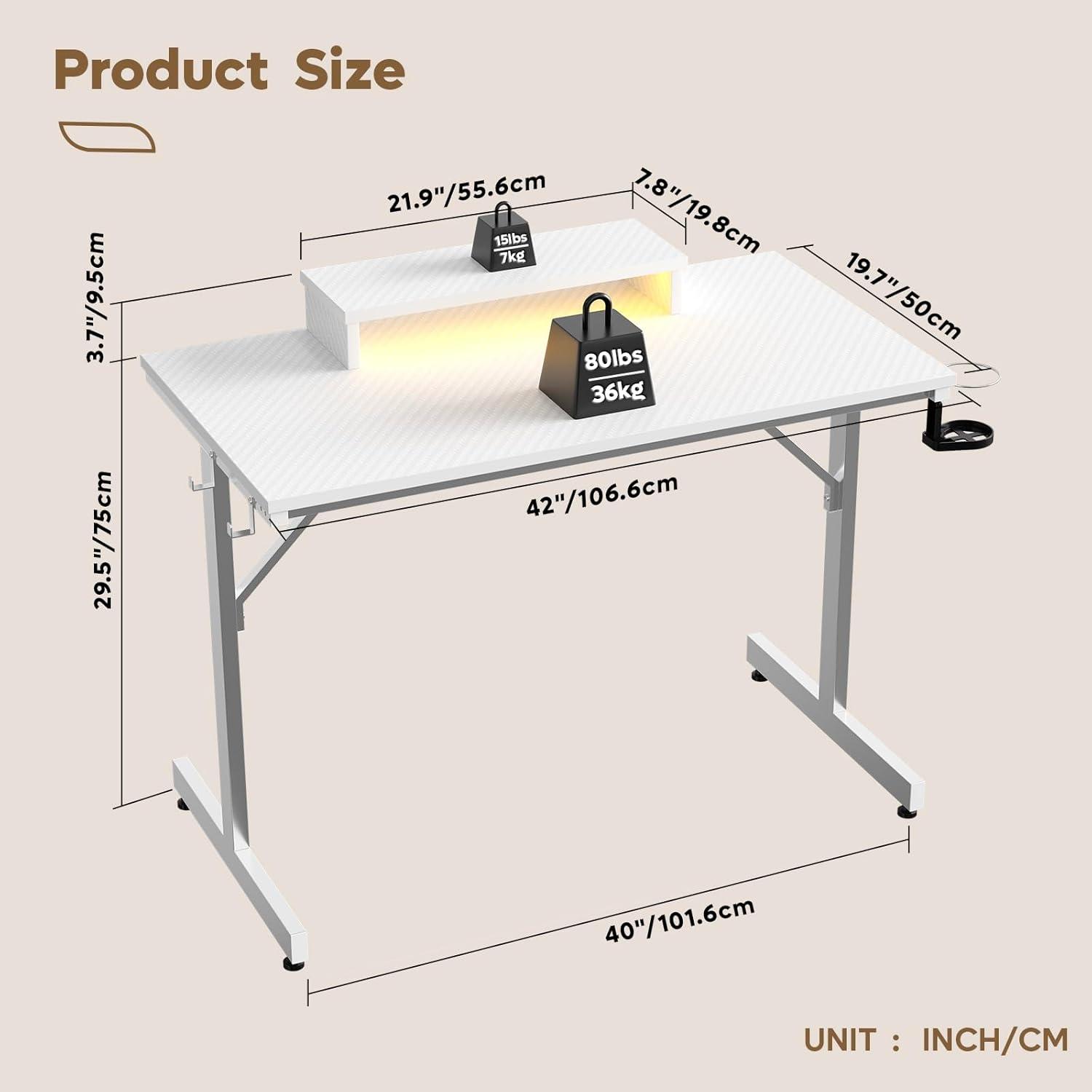 42'' White Modern Gaming Desk with LED Lights and Monitor Stand