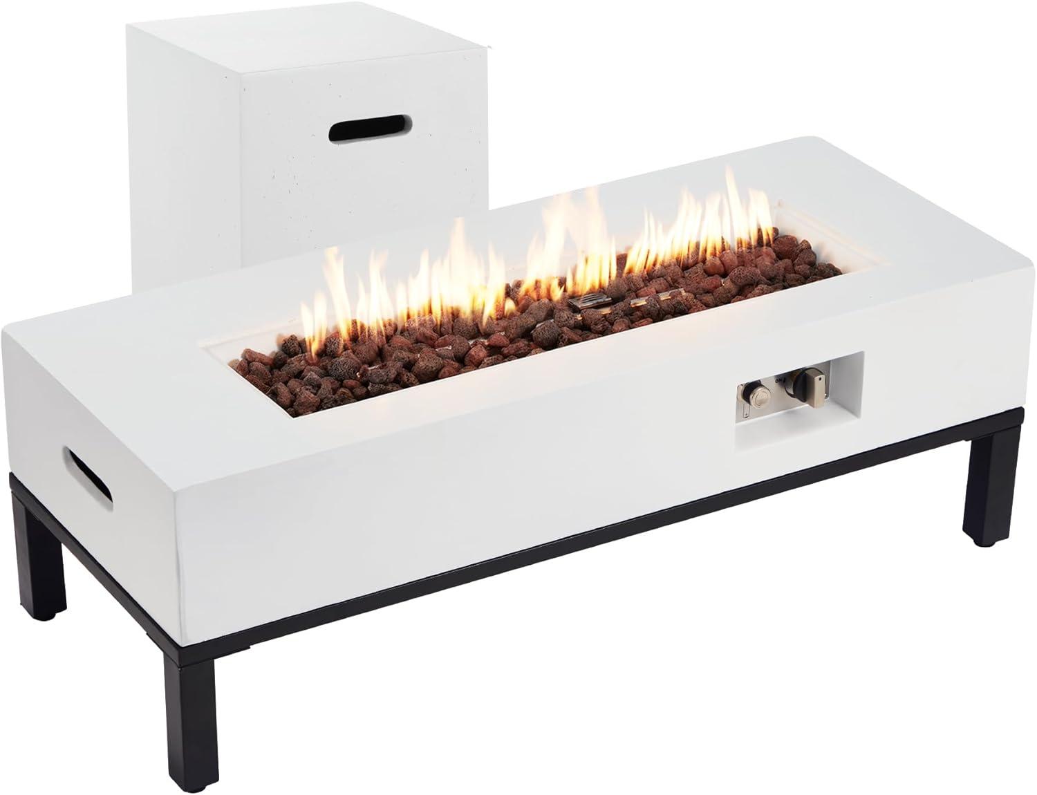 White Magnesium Oxide and Steel Gas Fire Pit Table with Tank Holder