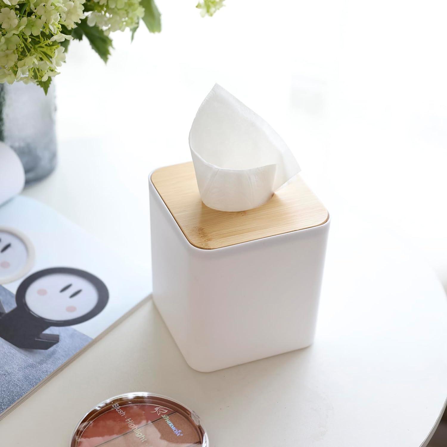 Square Tissue Box Cover,White Tissue Box Holder,Bamboo Facial Cube Box Cover for Storage on Bathroom Vanity, Countertop, Bedroom Dresser