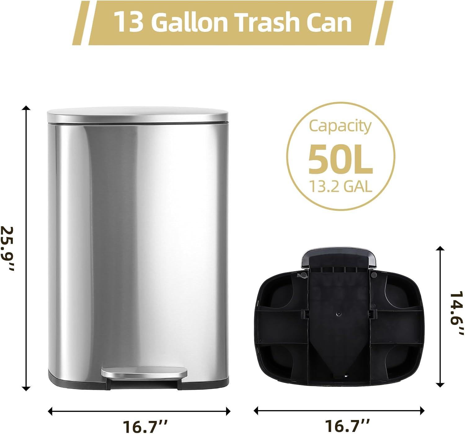 13 Gallon Silver Stainless Steel Oval Trash Can with Pedal