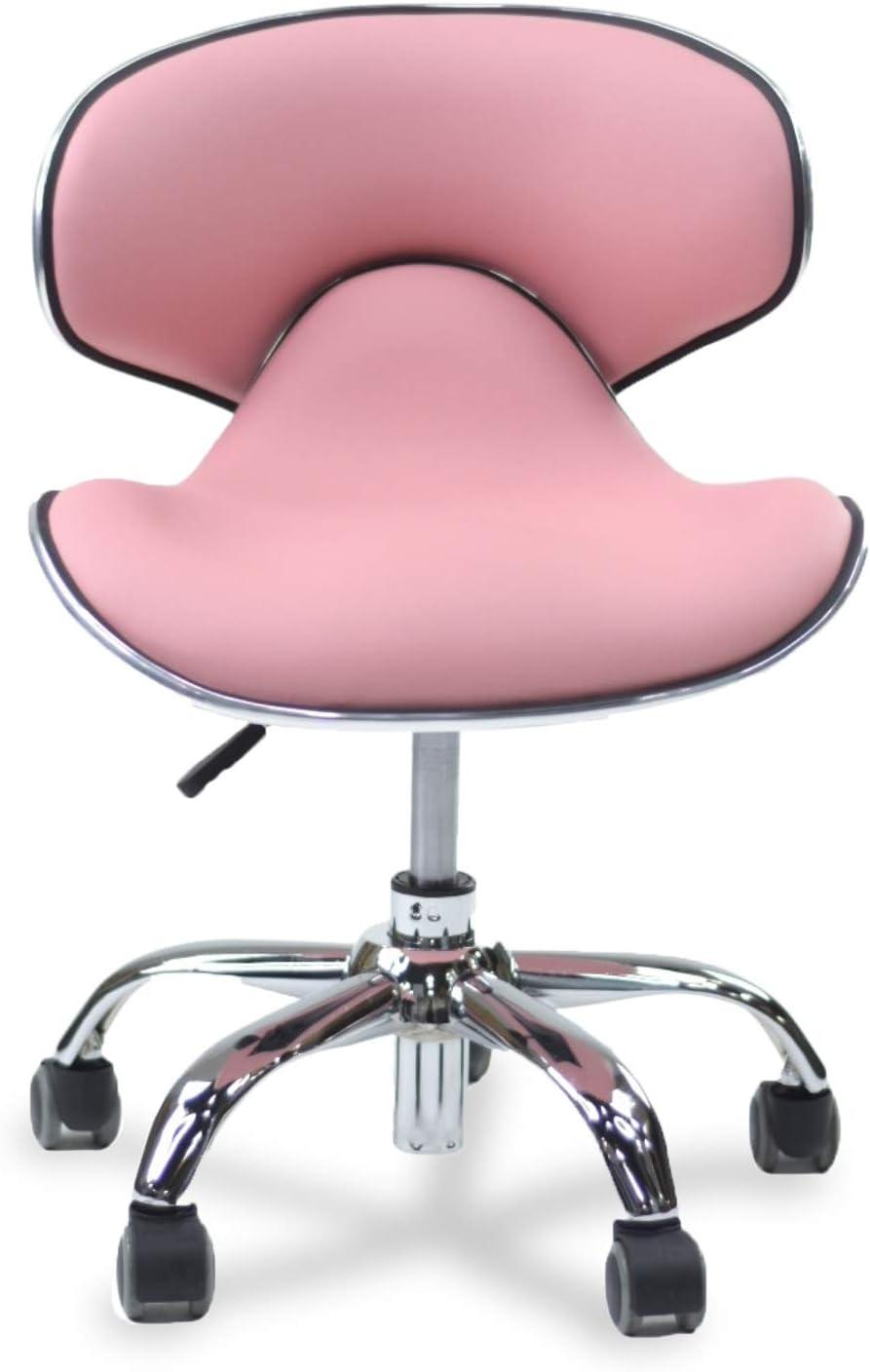 Pink Adjustable Rolling Stool with Chrome Base and Backrest