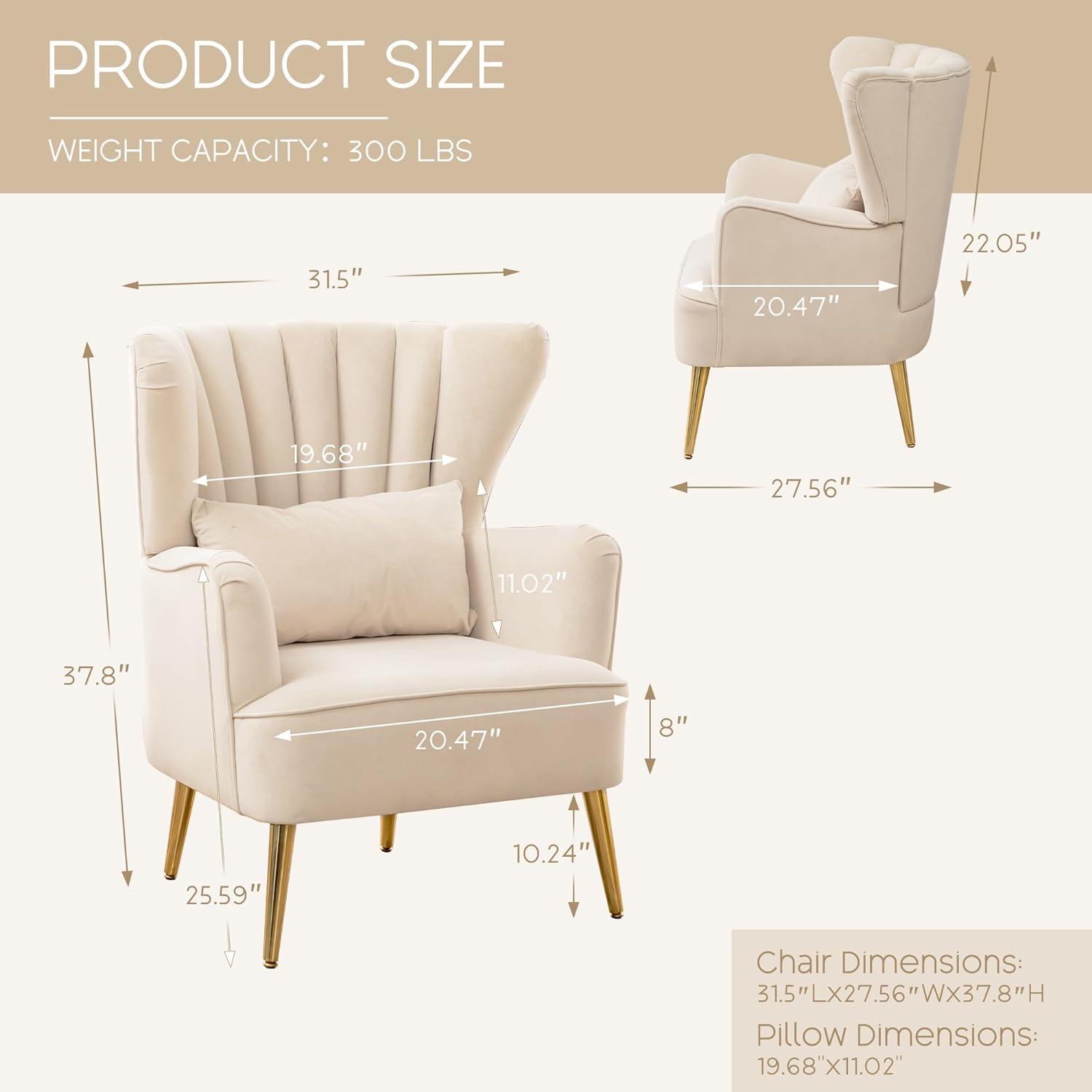 Beige Velvet Wingback Accent Chair with Gold Legs