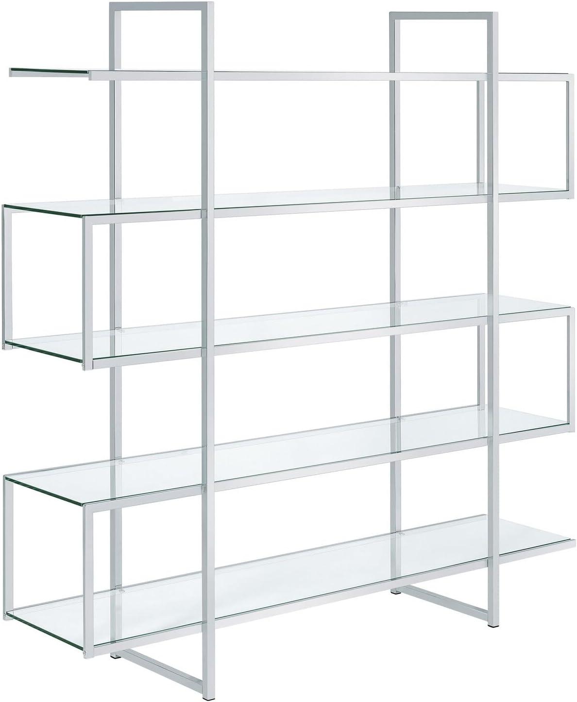 63" Contemporary 5 Shelf Zig Zag Bookcase with Glass Shelves Chrome - Coaster