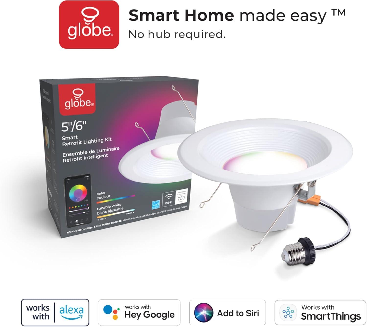 Globe Electric 50079 Wi-Fi Smart 5-Inch/6-Inch Color-Changing-RGB Tunable-White 11-Watt Retrofit Recessed Light Kit