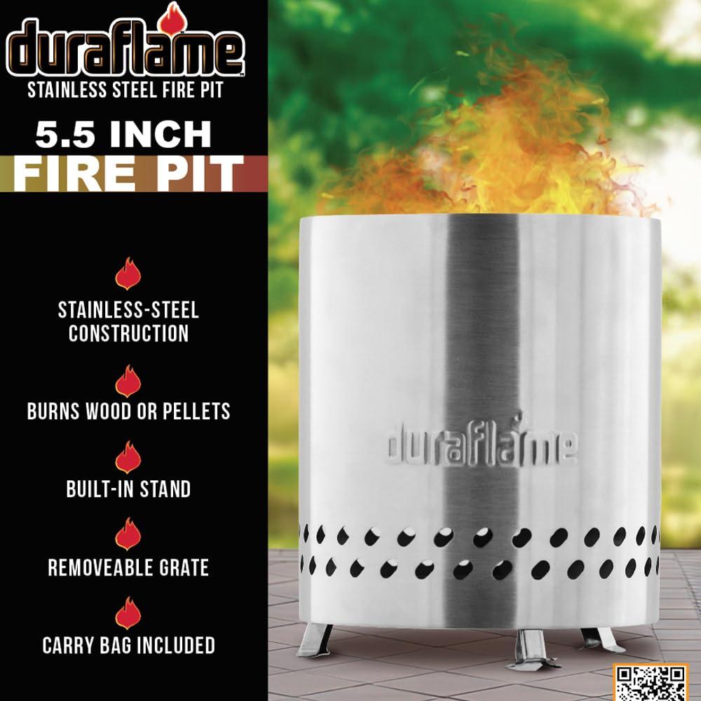 Duraflame 5.5 inch Table Top Fire Pit with Built-in Stand & Removable Grate, Low Smoke, Portable Mini Fire for Outdoor Use, Wood or Pellets, Double Walled Stainless Steel, with Travel Bag Included.
