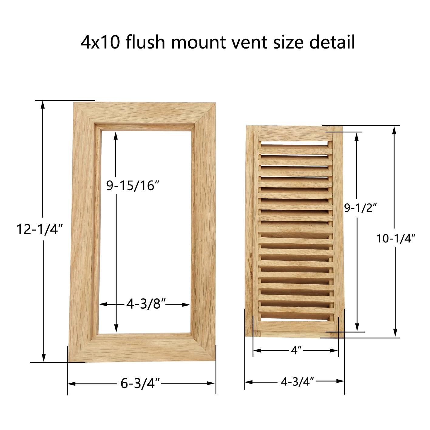 Hardwood White Oak Floor Register, Flush Mount with Frame, 4x10 Inch, Unfinished