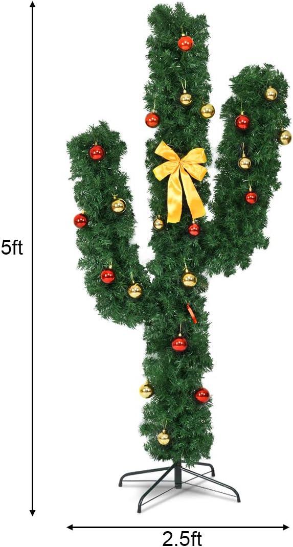 5Ft Cactus Christmas Tree,Artificial Xmas Tree With 90 LED Lights And Bowknot