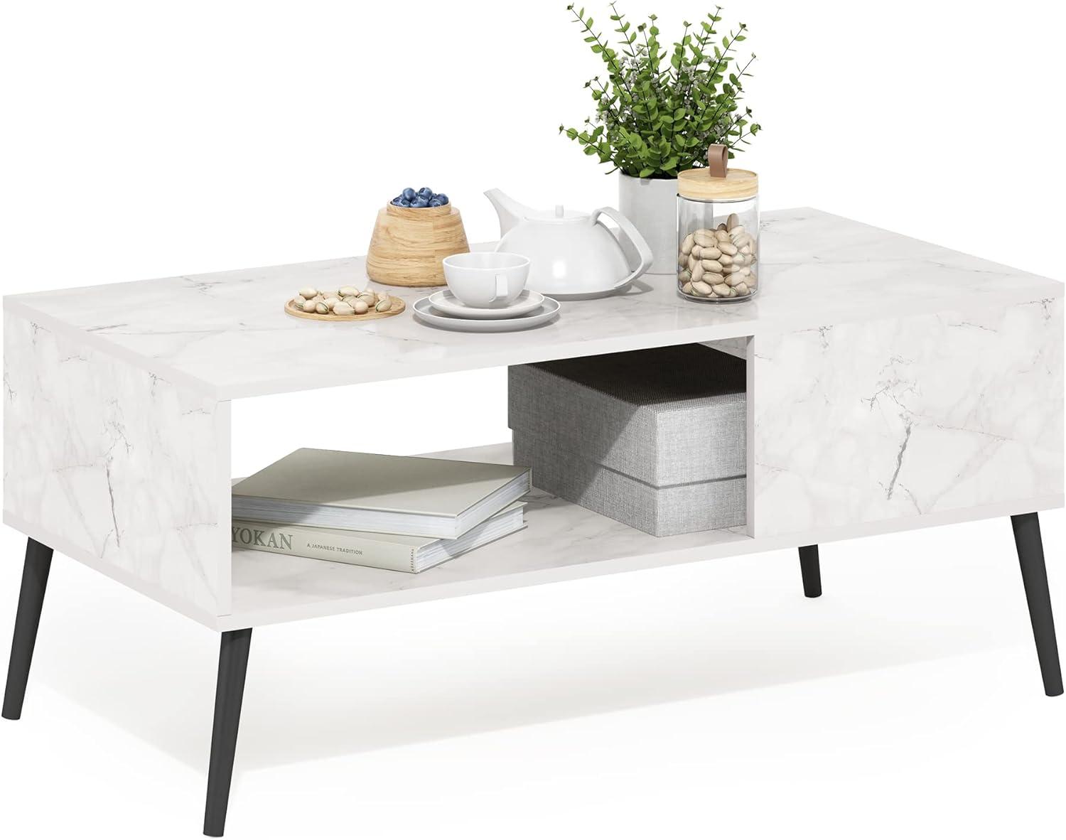 Mid-Century Marble White Rectangular Coffee Table with Wooden Legs