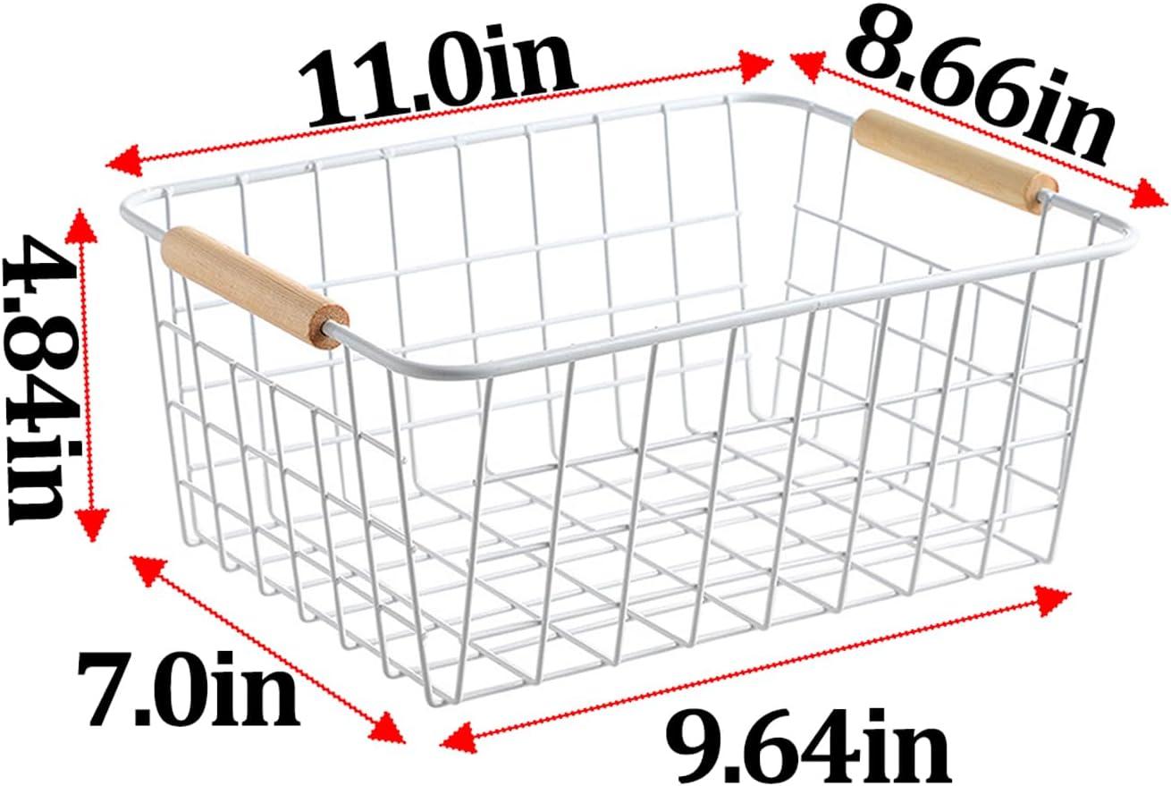 Wire Basket 2 Pcs Wire Storage Baskets Wire Baskets Organizing with Wooden Handles Wire Basket Pantry Organization and Storage Metal Wire Food Storage Basket for Kitchen, Cabinets (White 2PCS)