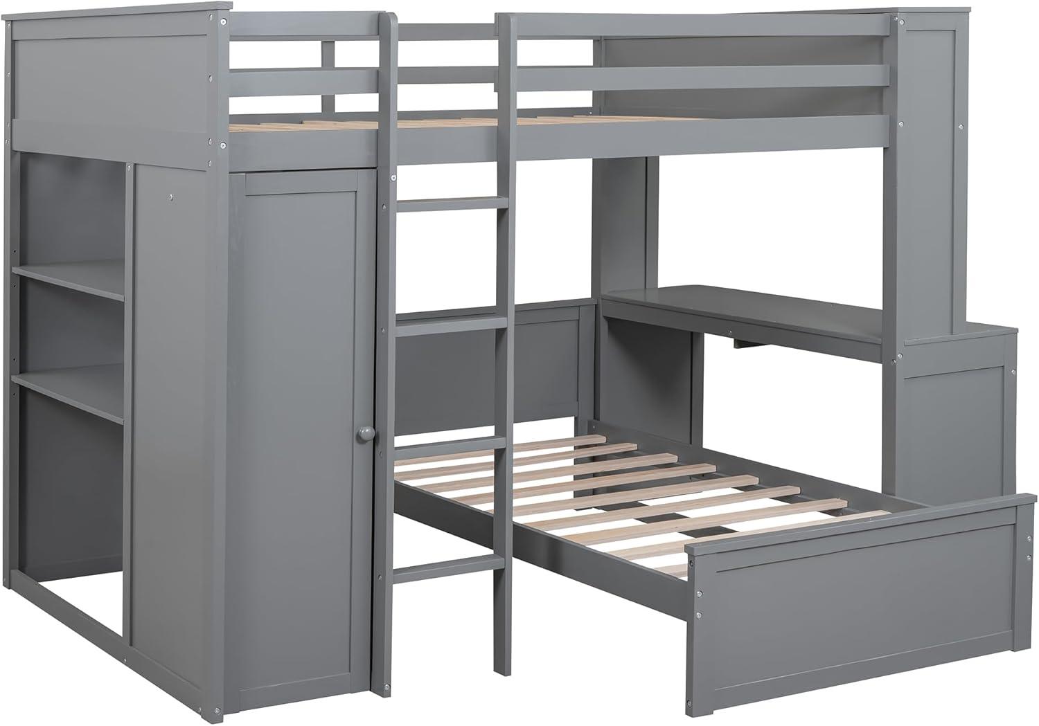 Full Over Twin Bunk Bed with Desk, Wardrobe and Storage Shelves, Loft Bed with A Stand-Alone Bed, Wooden Loft Bed Frame with Safety Guardrails & Slats Support, Bottom Bed Can Be Moved, Gray