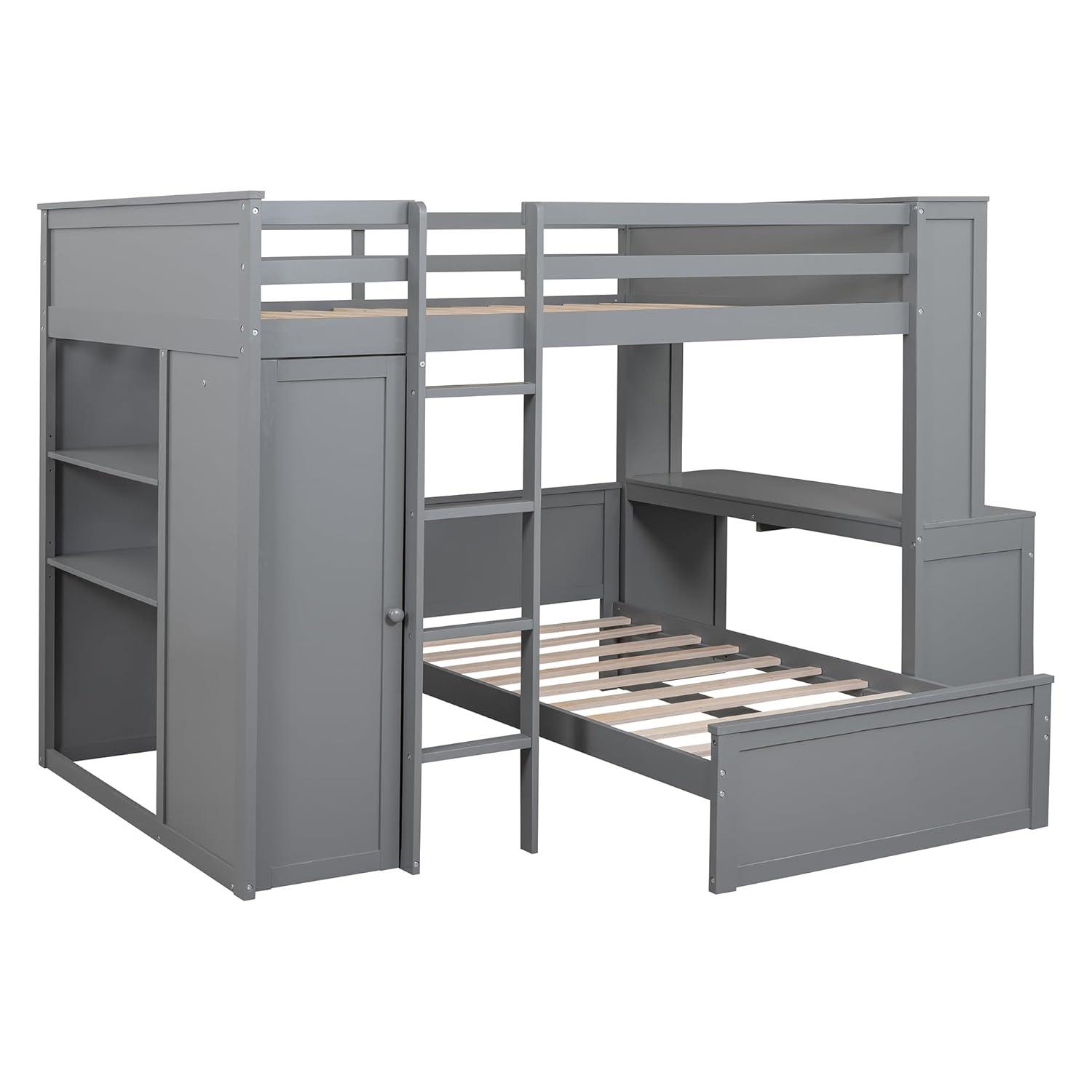 Full Over Twin Bunk Bed with Desk, Wardrobe and Storage Shelves, Loft Bed with A Stand-Alone Bed, Wooden Loft Bed Frame with Safety Guardrails & Slats Support, Bottom Bed Can Be Moved, Gray
